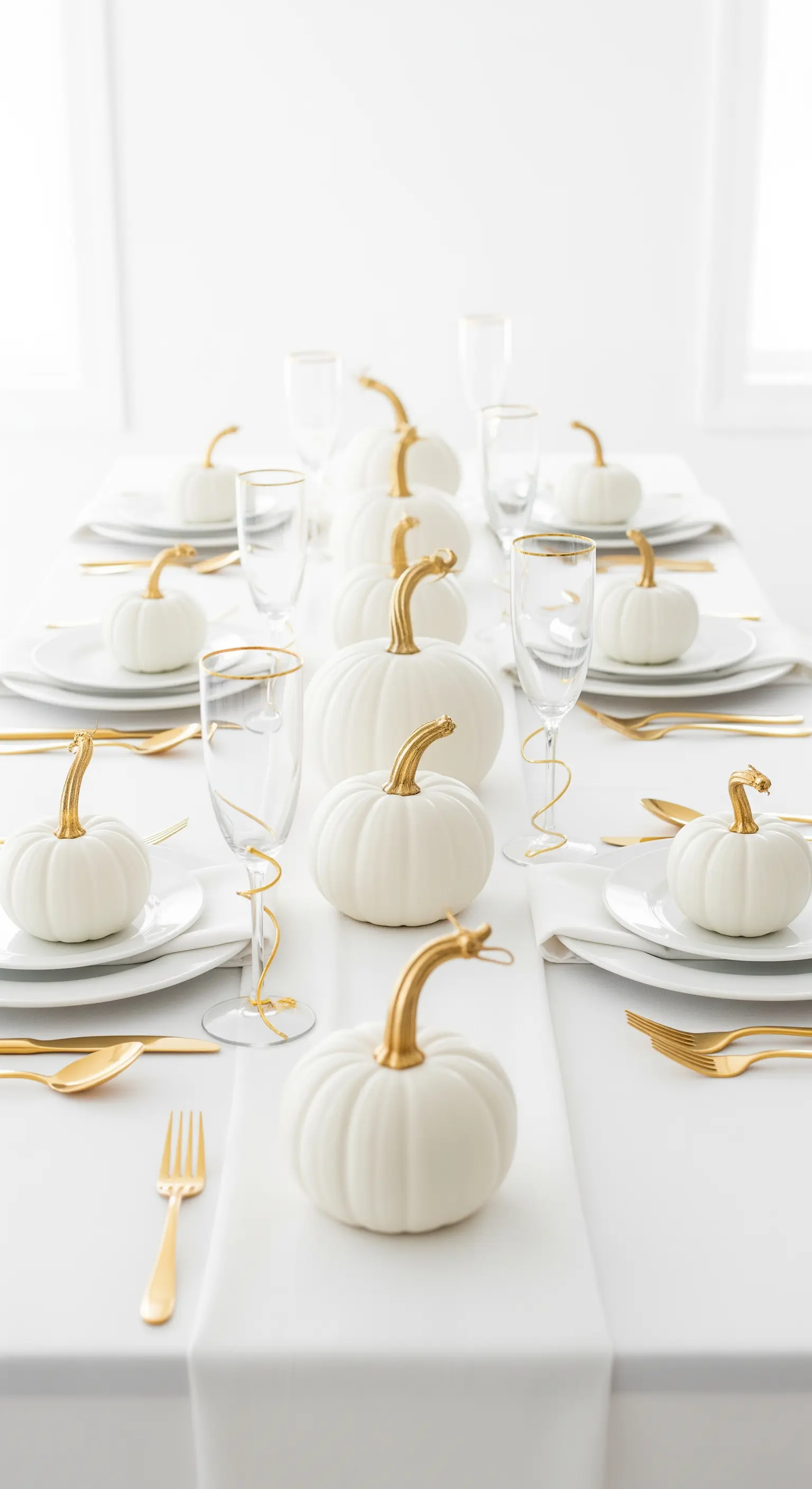 Tavola minimalista total white con una fila di zucche bianche con picciolo dorato.