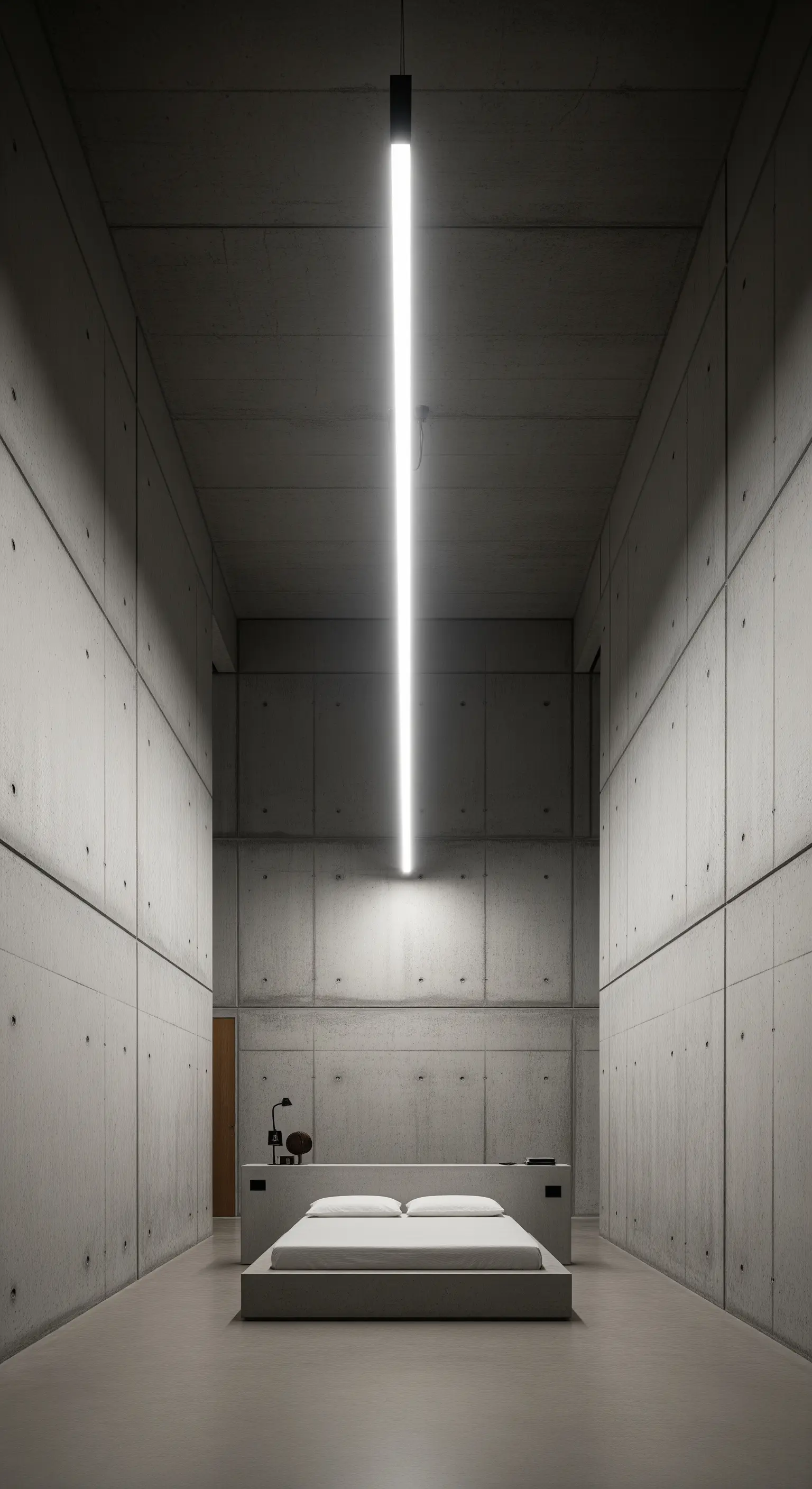 Un'unica barra luminosa a LED sospesa in una lunga e stretta camera da letto in cemento.