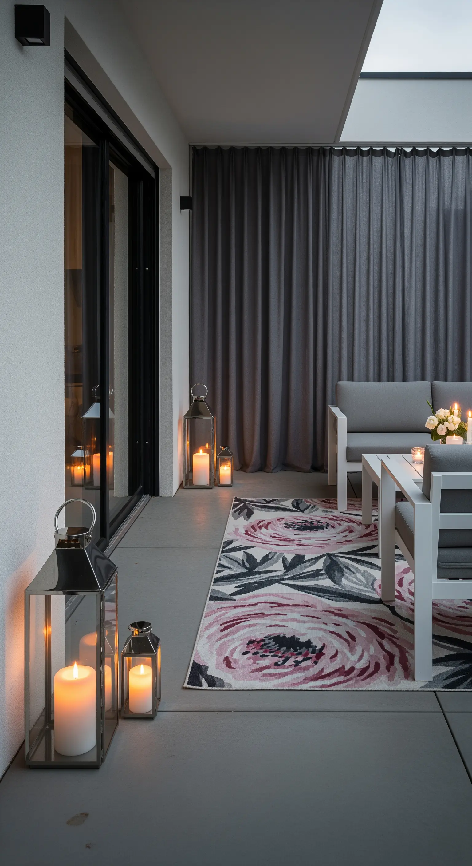 Balcone moderno con divani grigi, tappeto floreale rosa e nero e lanterne cromate.
