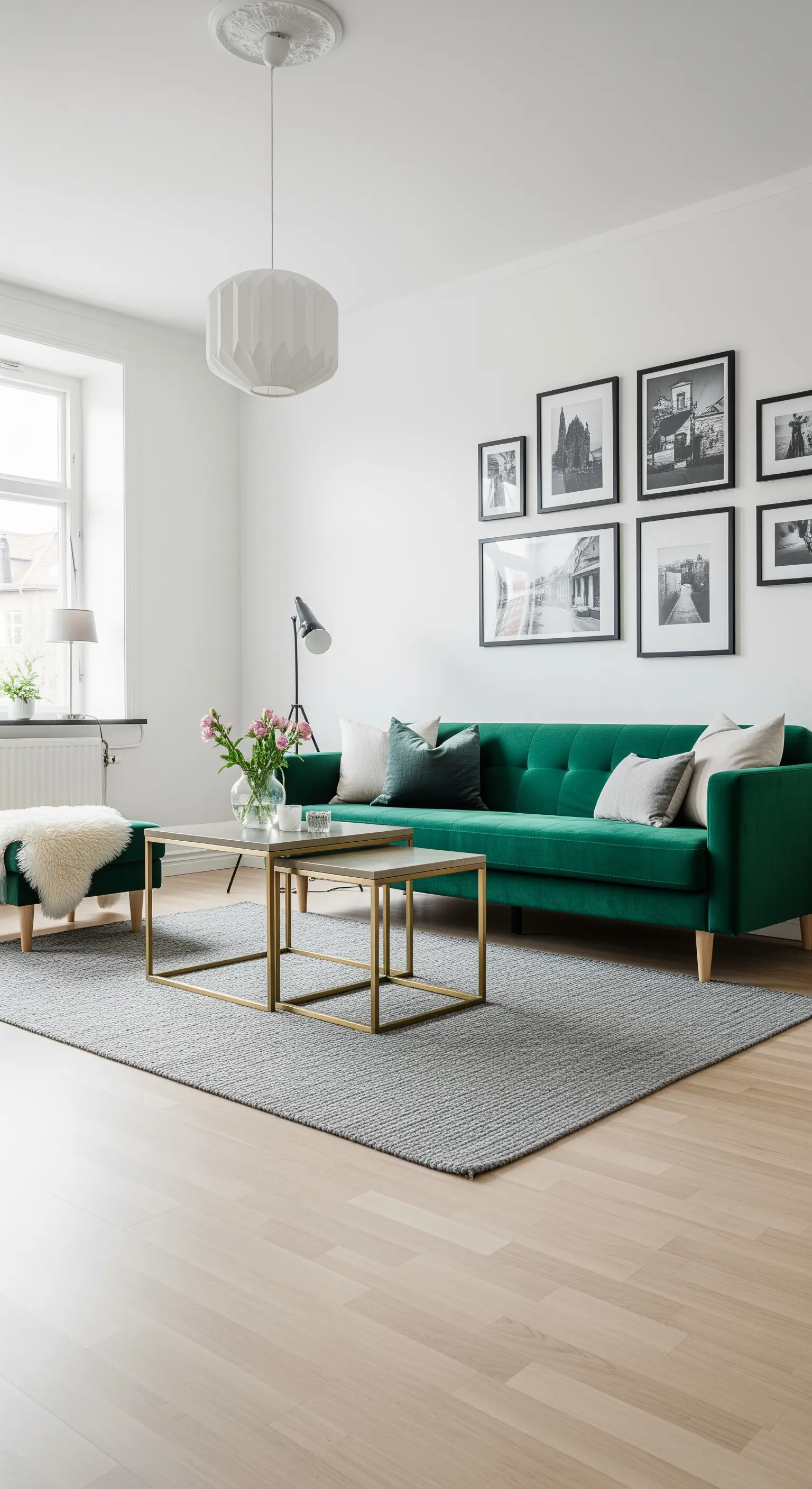 Soggiorno scandinavo con pareti bianche, divano verde e tavolini minimal in ottone.