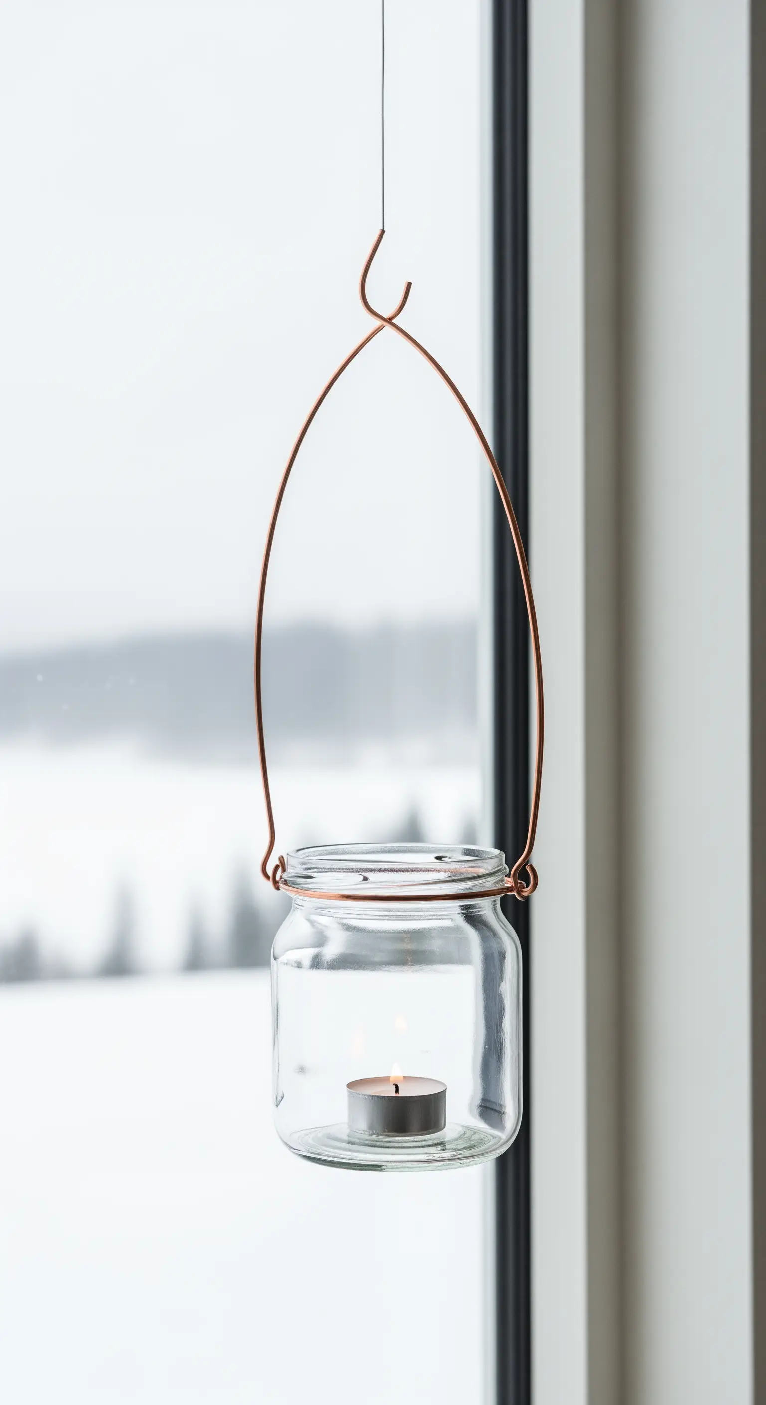 Barattolo di vetro con un semplice manico in filo di rame appeso a una finestra.