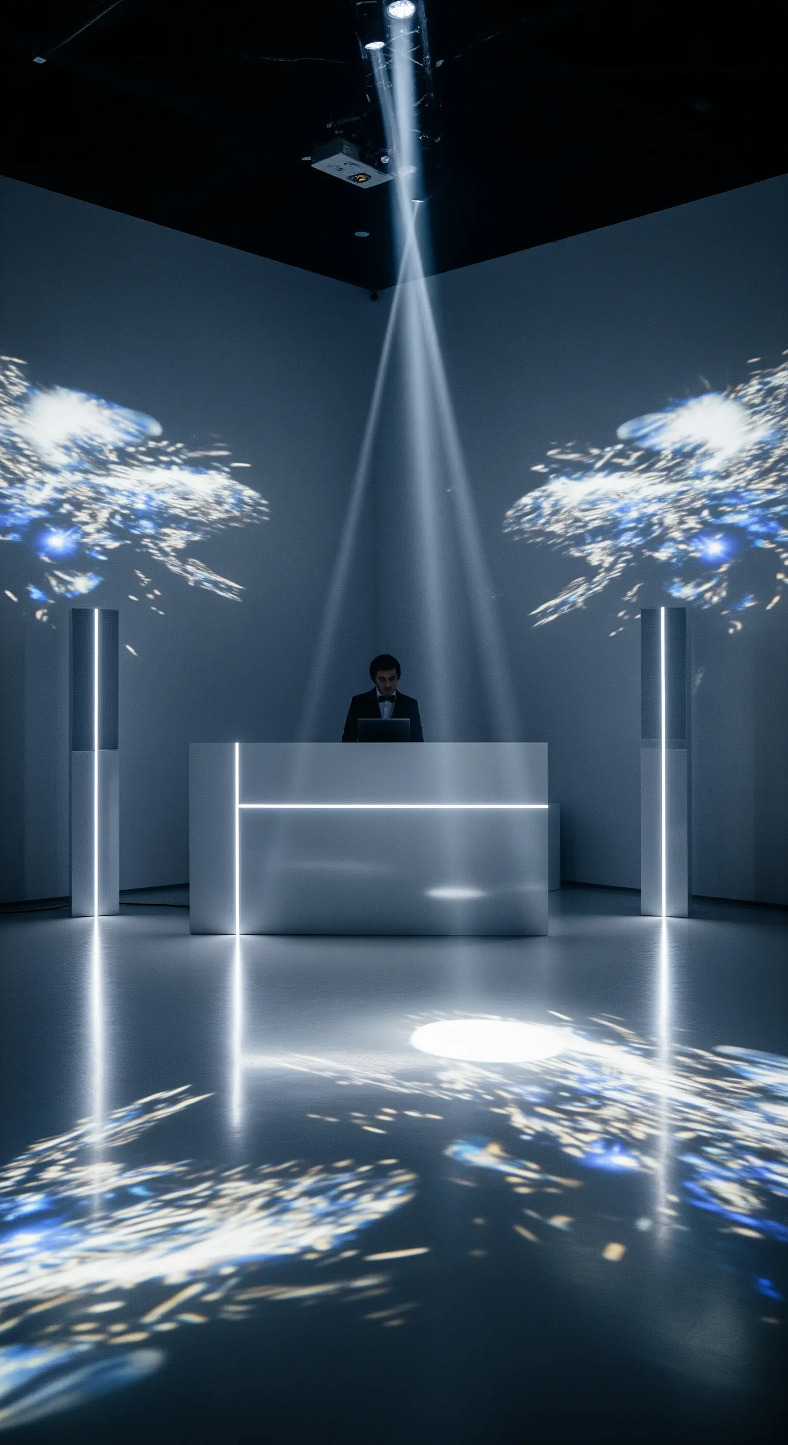 DJ booth bianco minimalista illuminato da un faretto e proiezioni astratte.