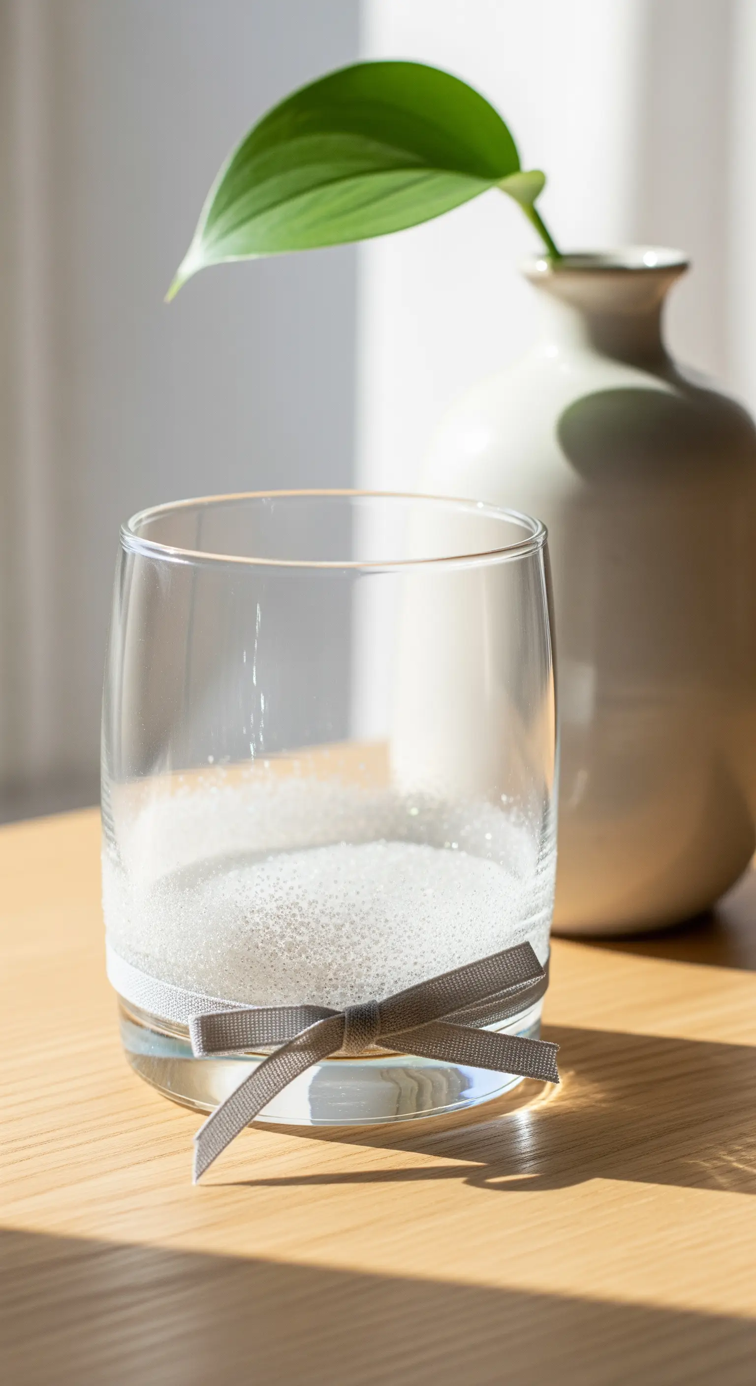 Bicchiere con una sottile fascia di glitter bianco alla base e un nastro grigio.