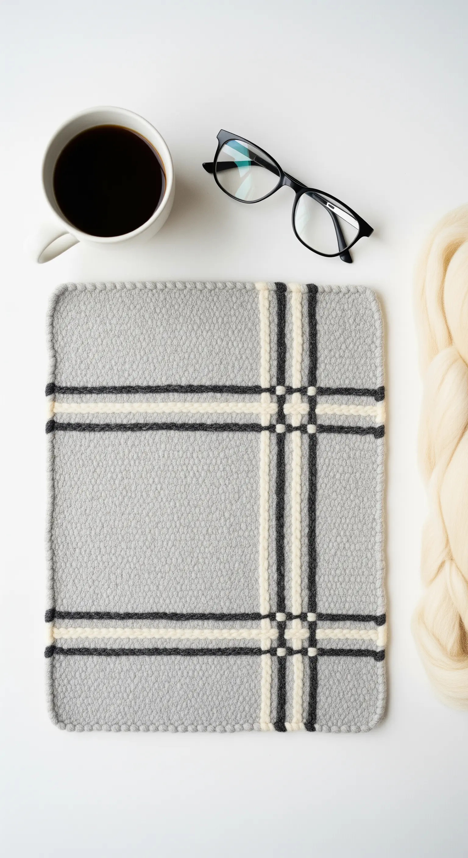 Piccolo tappeto grigio a righe, stile scozzese minimalista, accanto a una tazza di caffè.