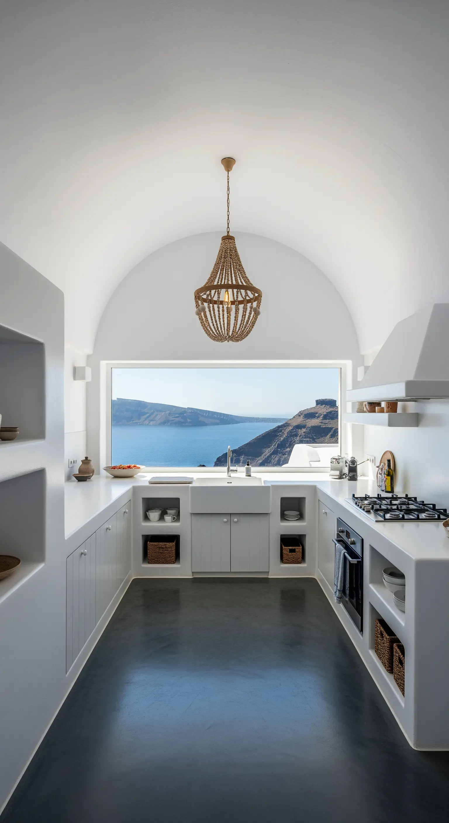 Cucina bianca minimalista in una grotta con soffitto a volta e lampadario in perline di legno