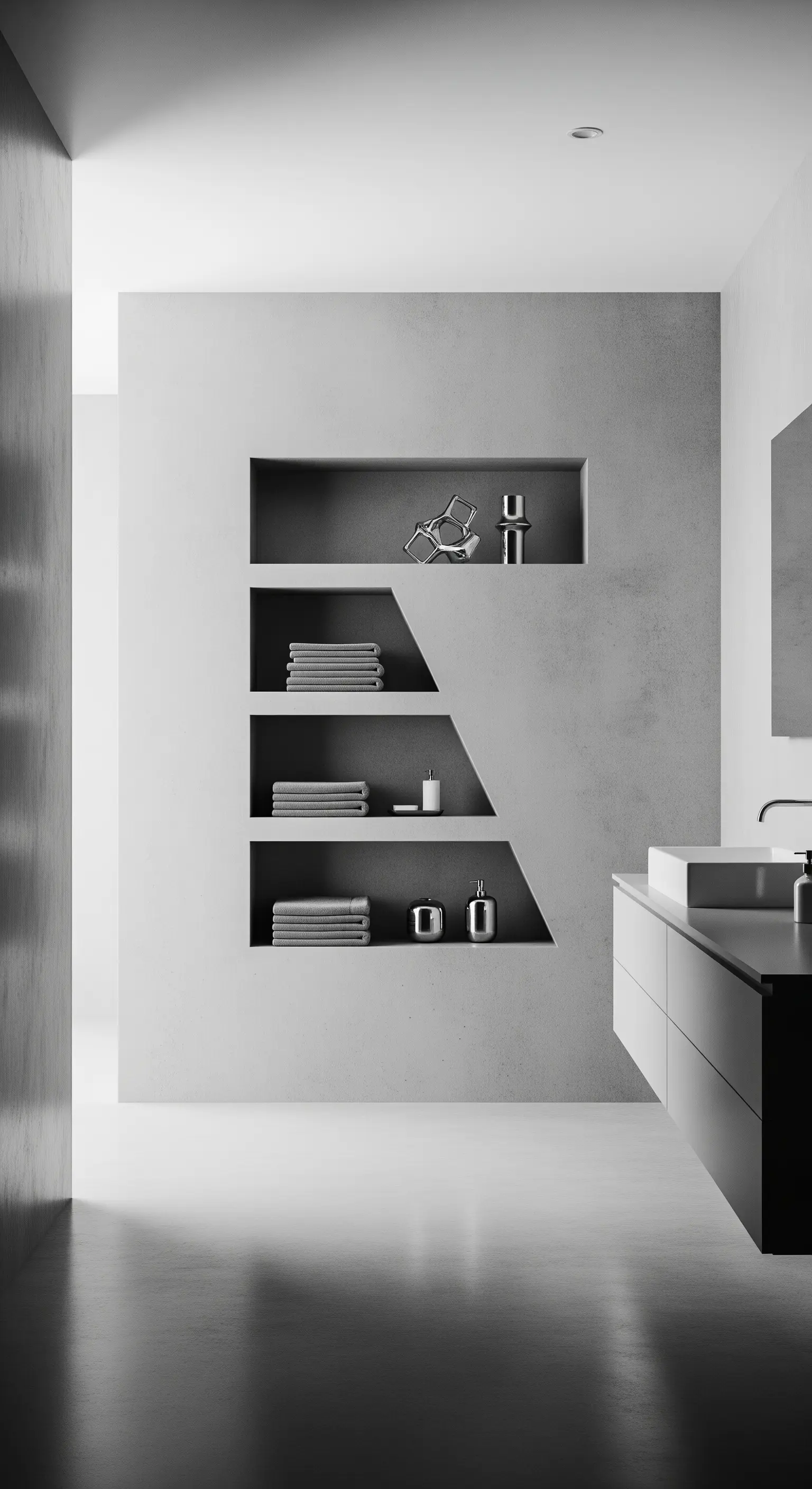 Nicchia grigia con forme geometriche asimmetriche in un bagno minimalista.