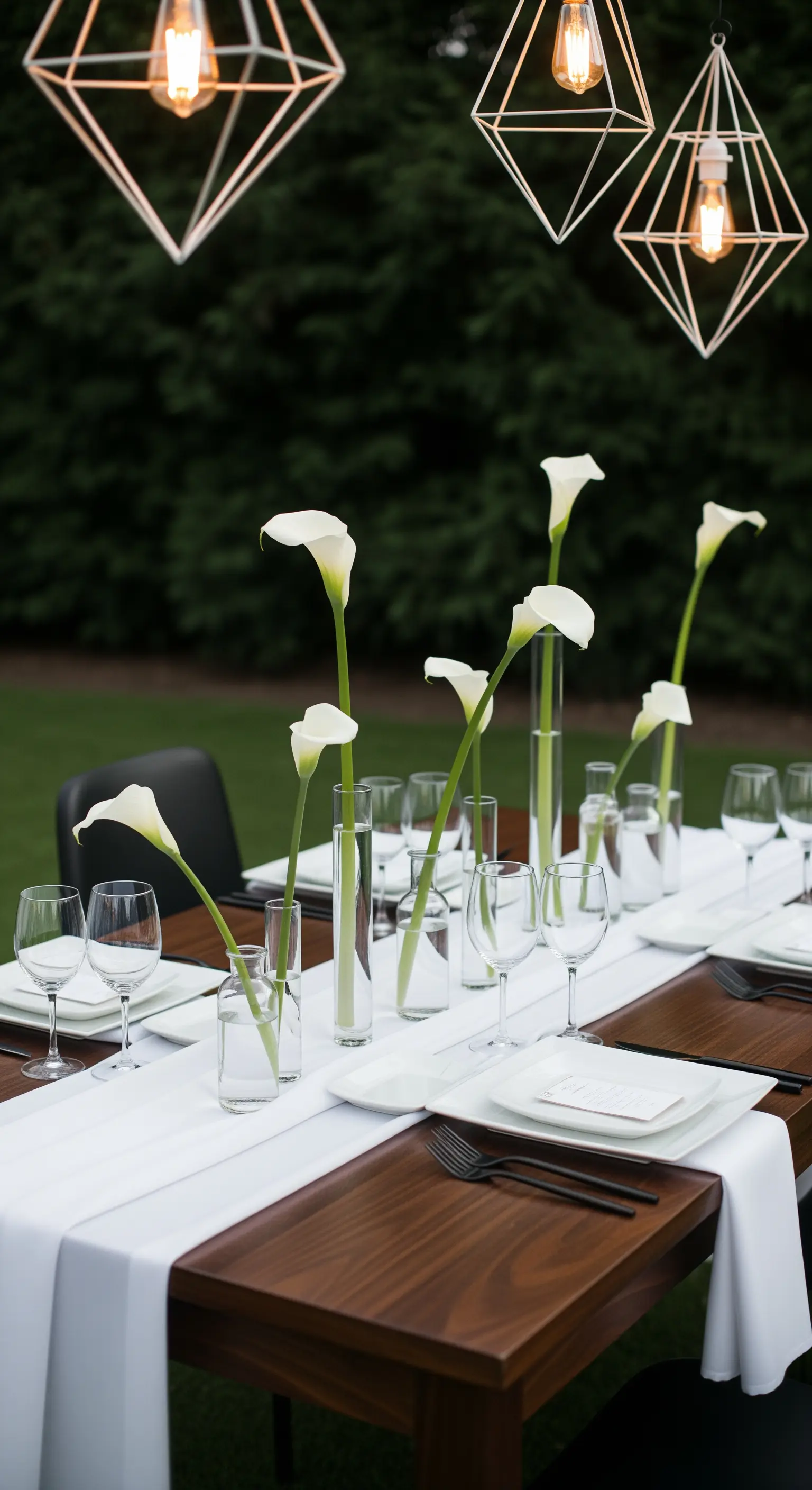 Tavola moderna con calle bianche in vasi singoli e lampade geometriche a sospensione.