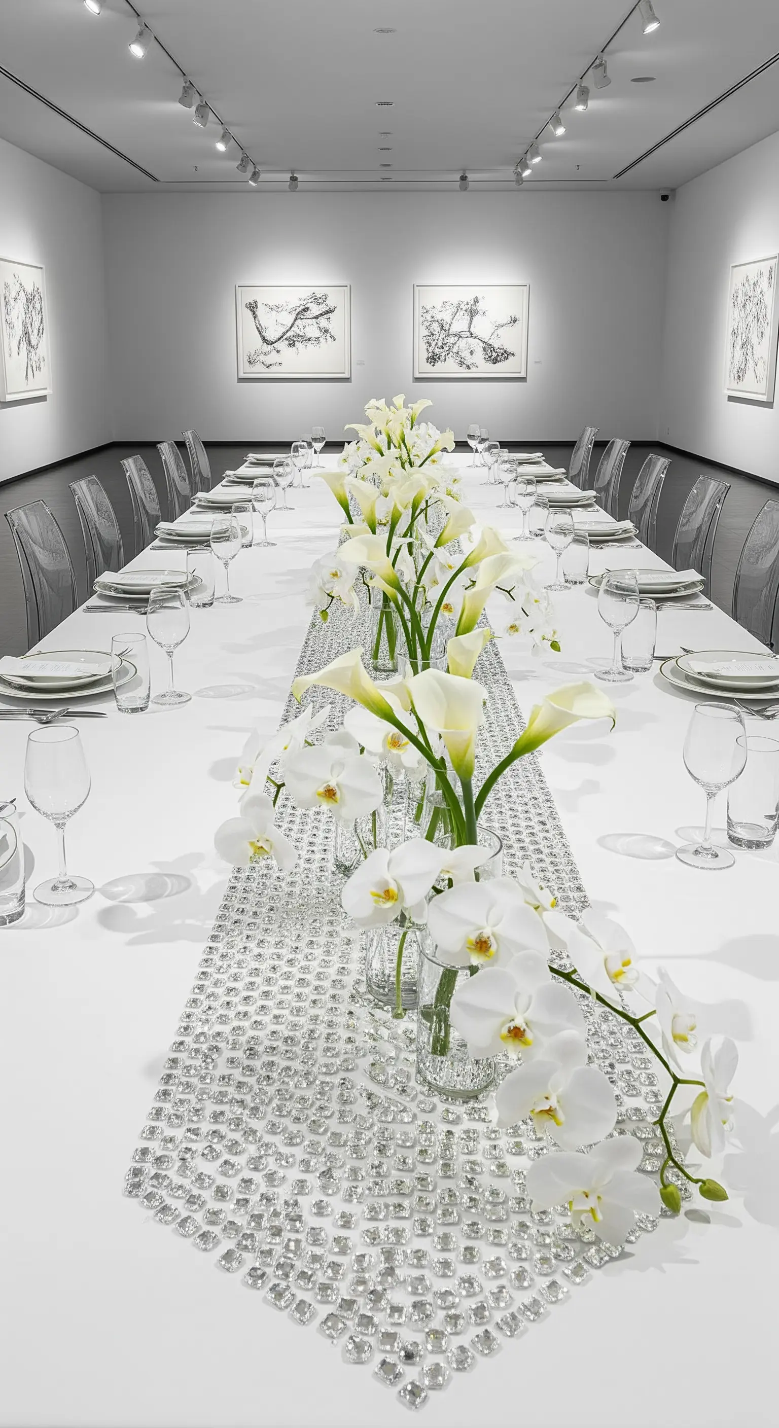 Lungo tavolo bianco in una galleria d'arte con runner di cristalli e vasi di orchidee.