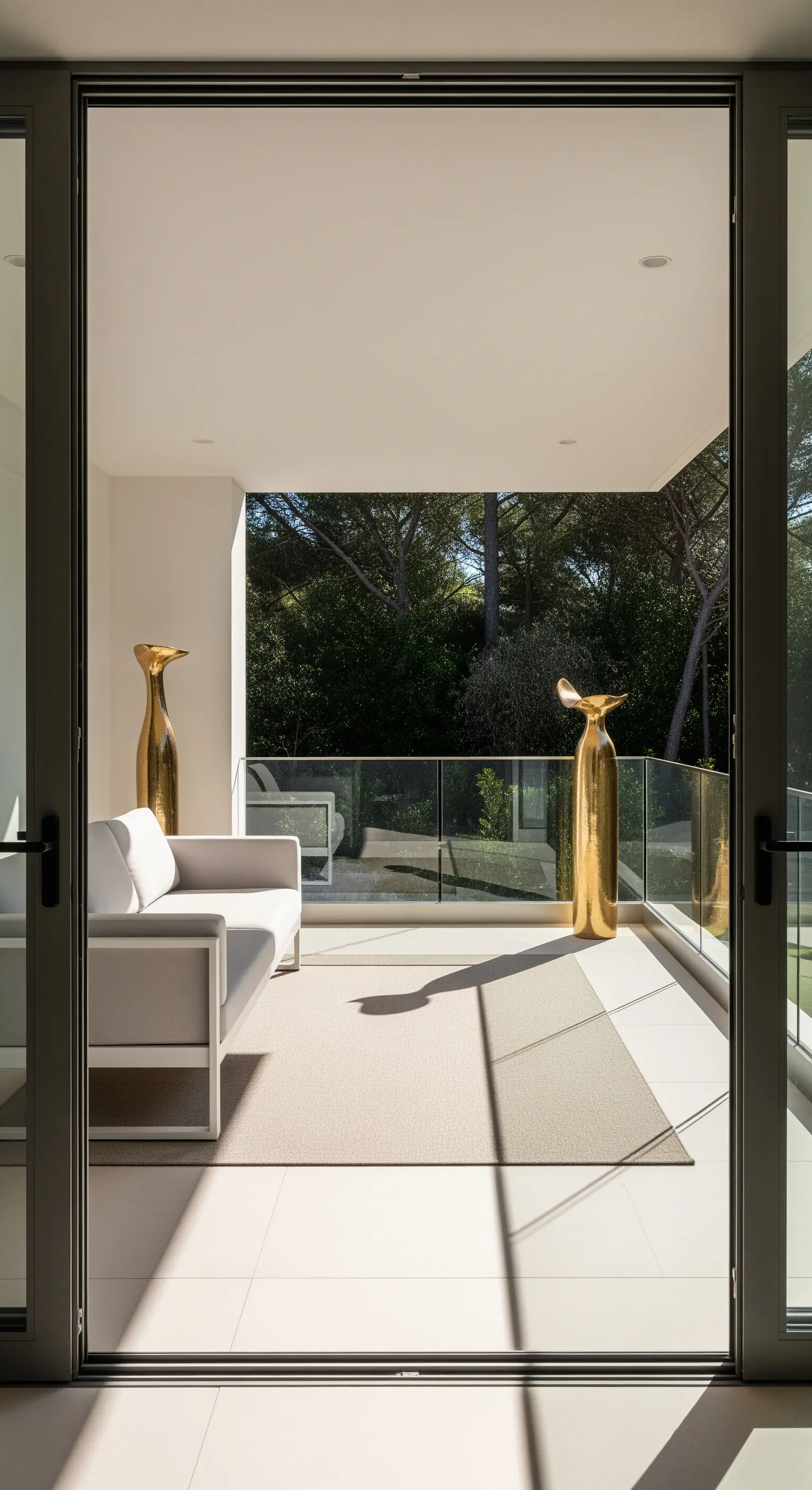 Balcone minimalista con divano bianco, tappeto neutro e due grandi vasi scultorei dorati.