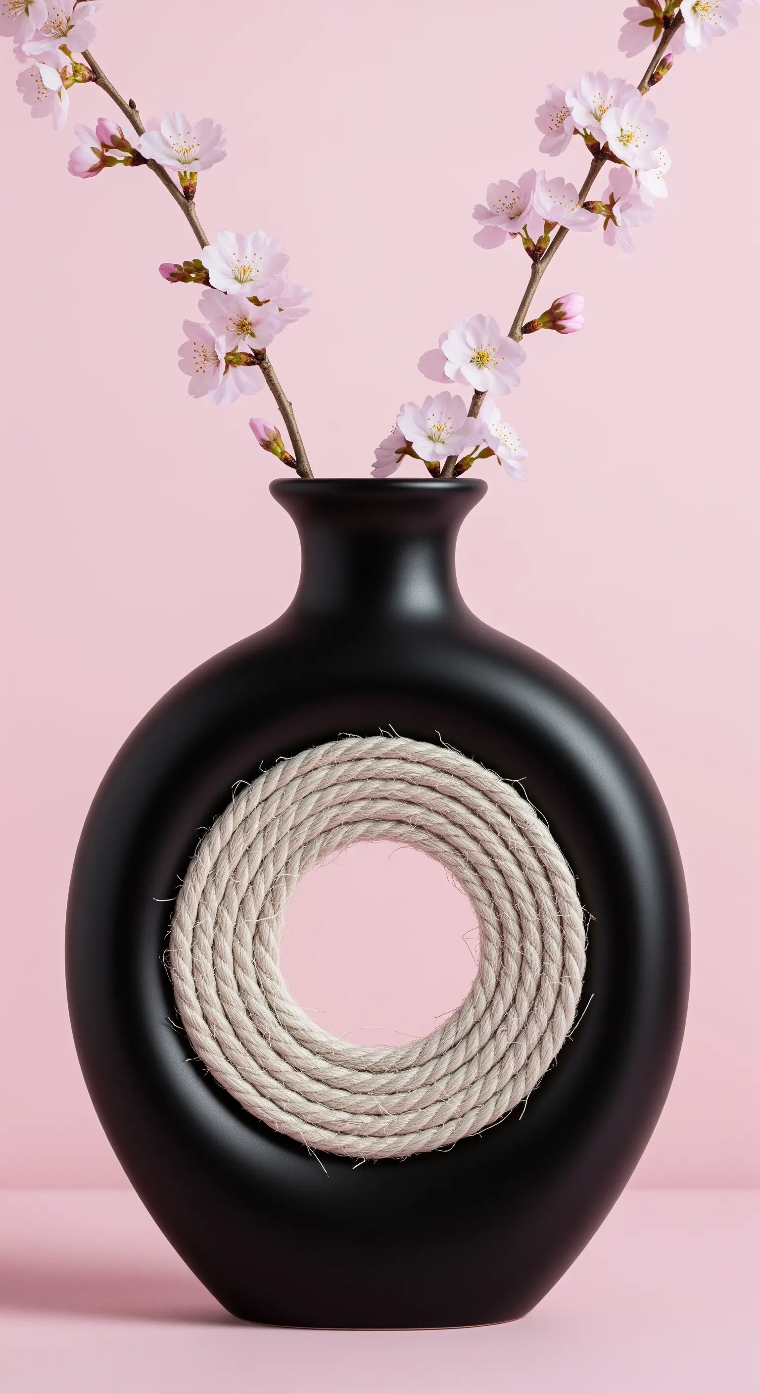 Vaso nero opaco dalla forma moderna con una spirale di corda chiara al centro.