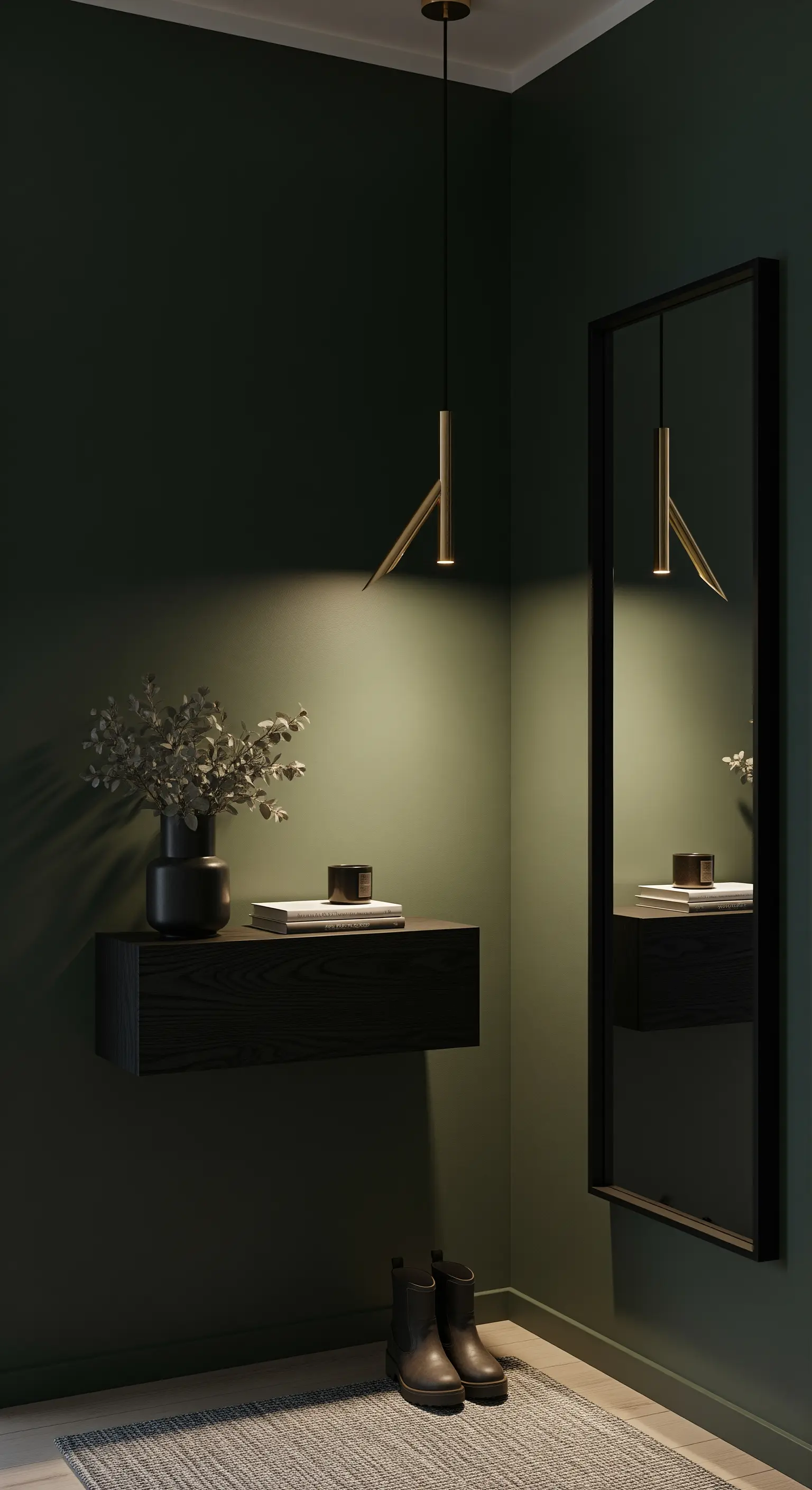 Ingresso con pareti verde scuro, mensola sospesa nera e lampada a sospensione minimalista.