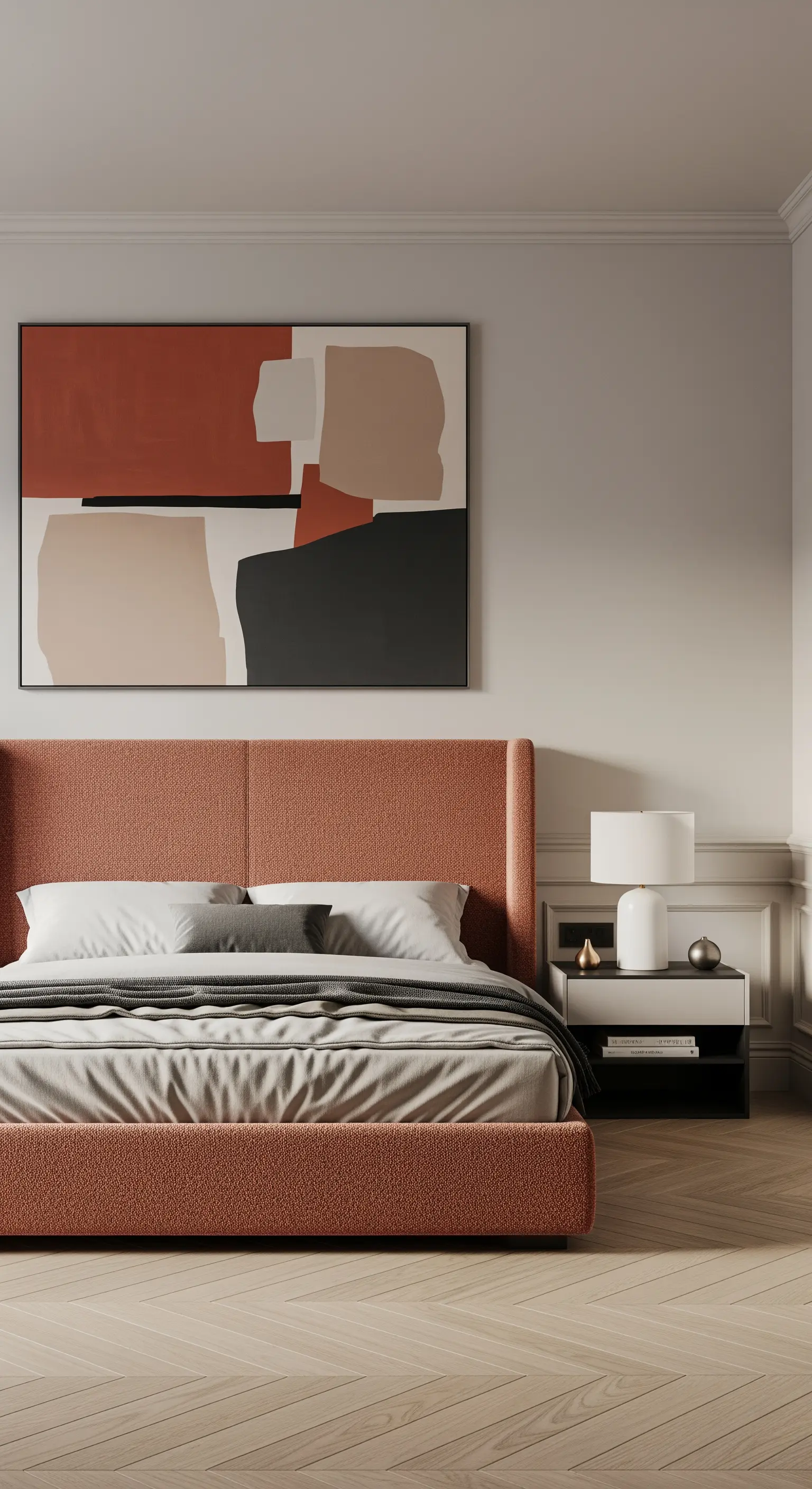 Camera moderna con letto imbottito color terracotta e un grande quadro astratto alla parete.
