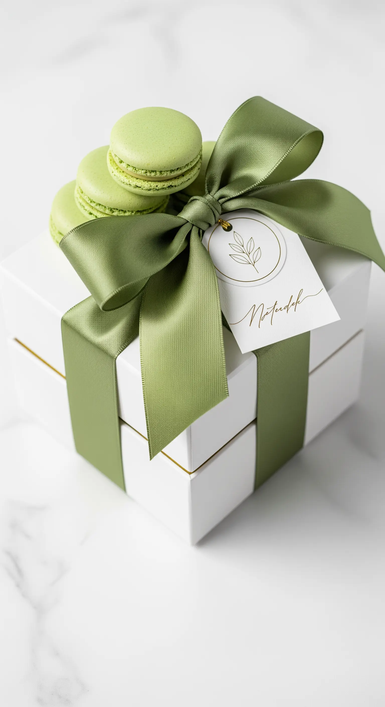 Scatola bianca con macarons, avvolta da un elegante nastro di raso verde salvia.