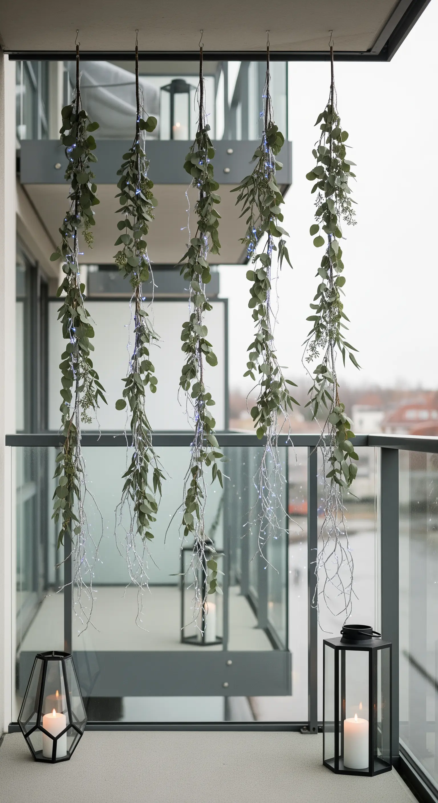Decorazioni verticali con rami di eucalipto e micro-luci sospesi dal soffitto di un balcone moderno