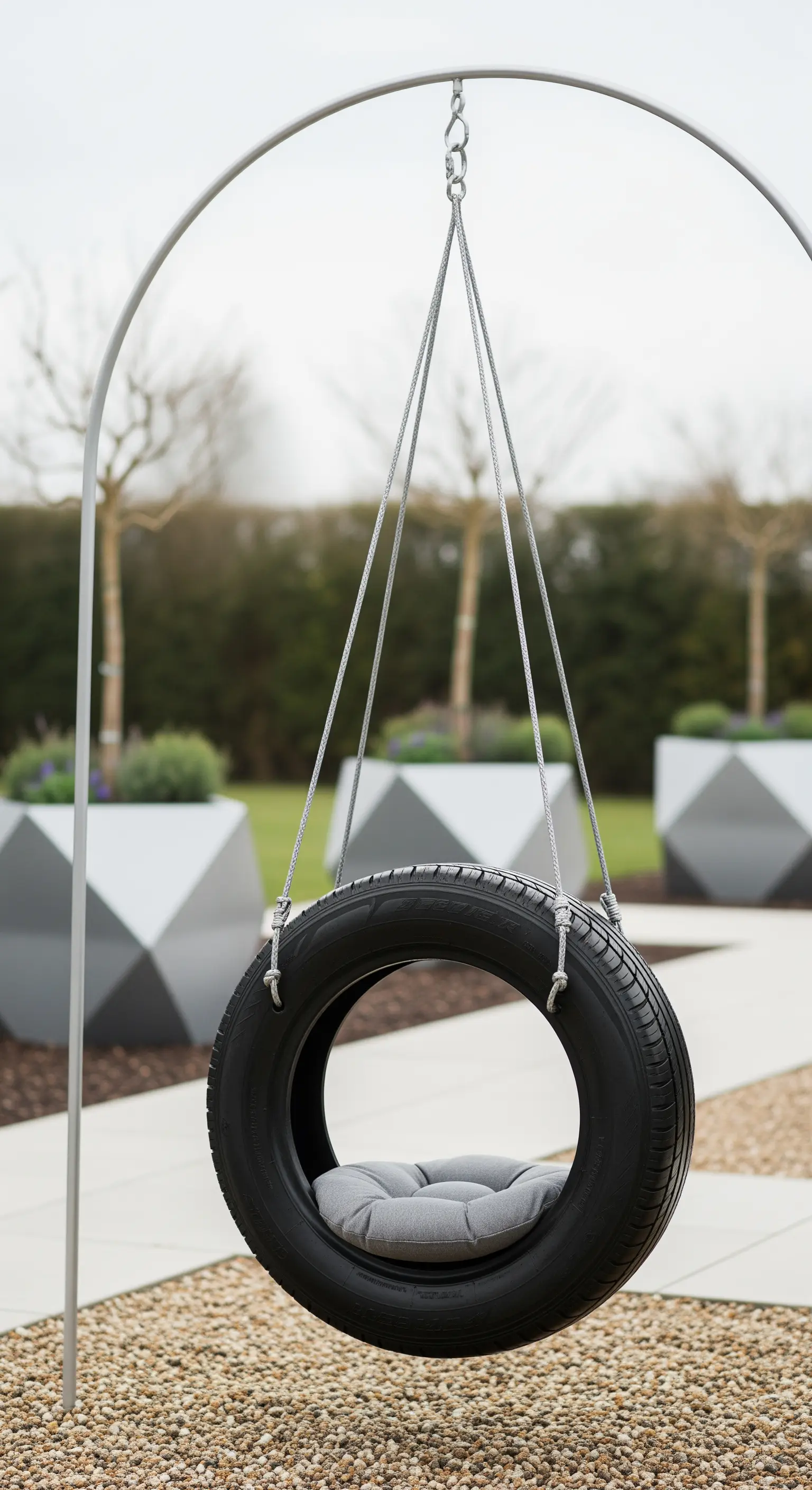 Pneumatico nero con cuscino grigio appeso a un'elegante struttura metallica ad arco.