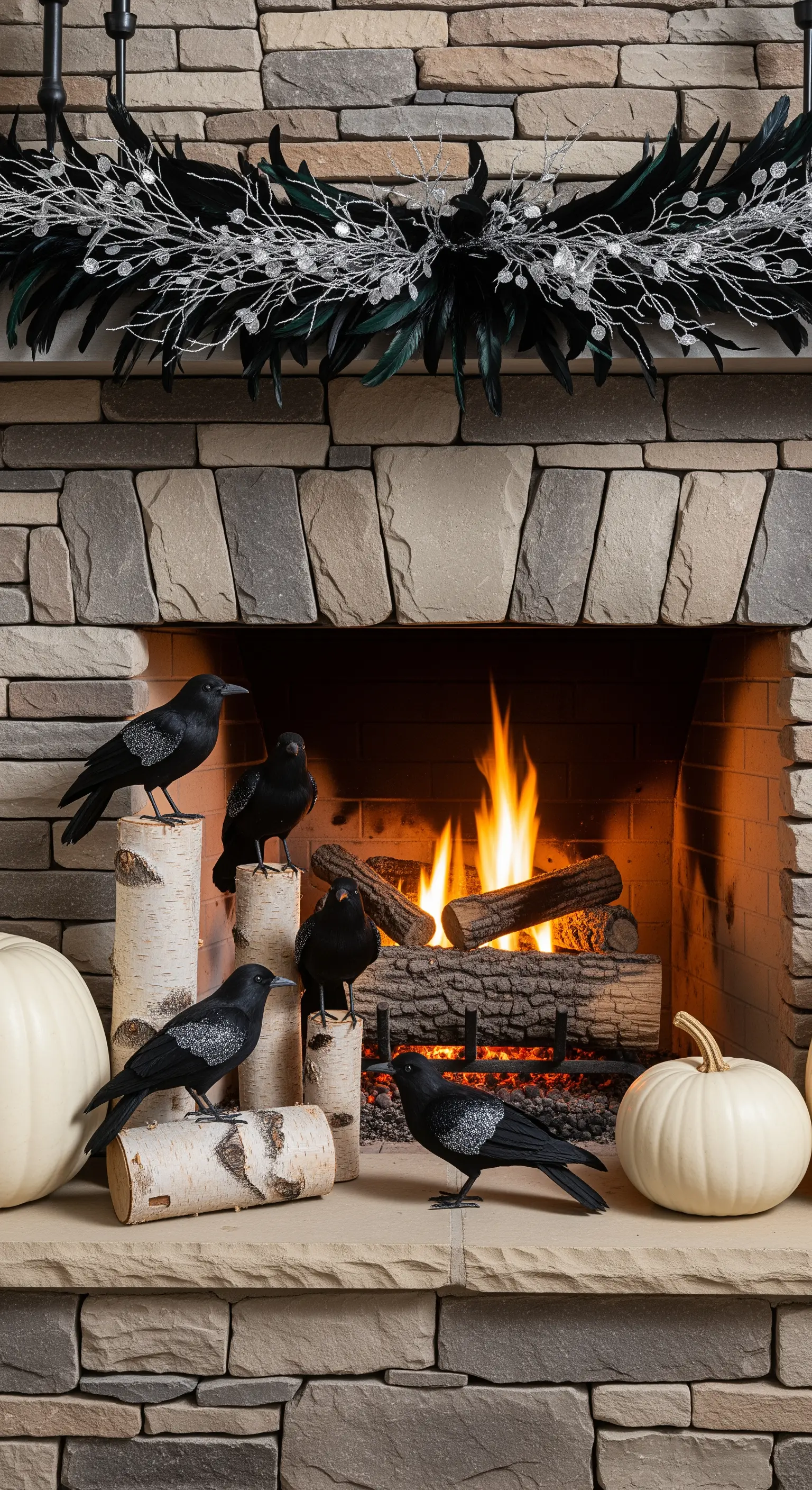 Camino in pietra decorato con corvi neri, zucche bianche e tronchi di betulla.