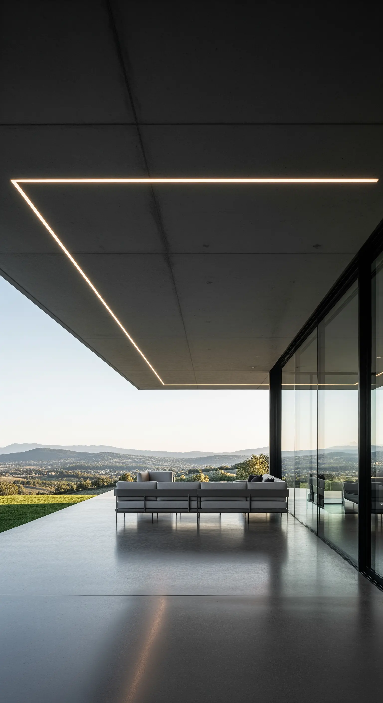 Portico minimalista con tetto a sbalzo in cemento, luce a LED perimetrale e vista sulle colline