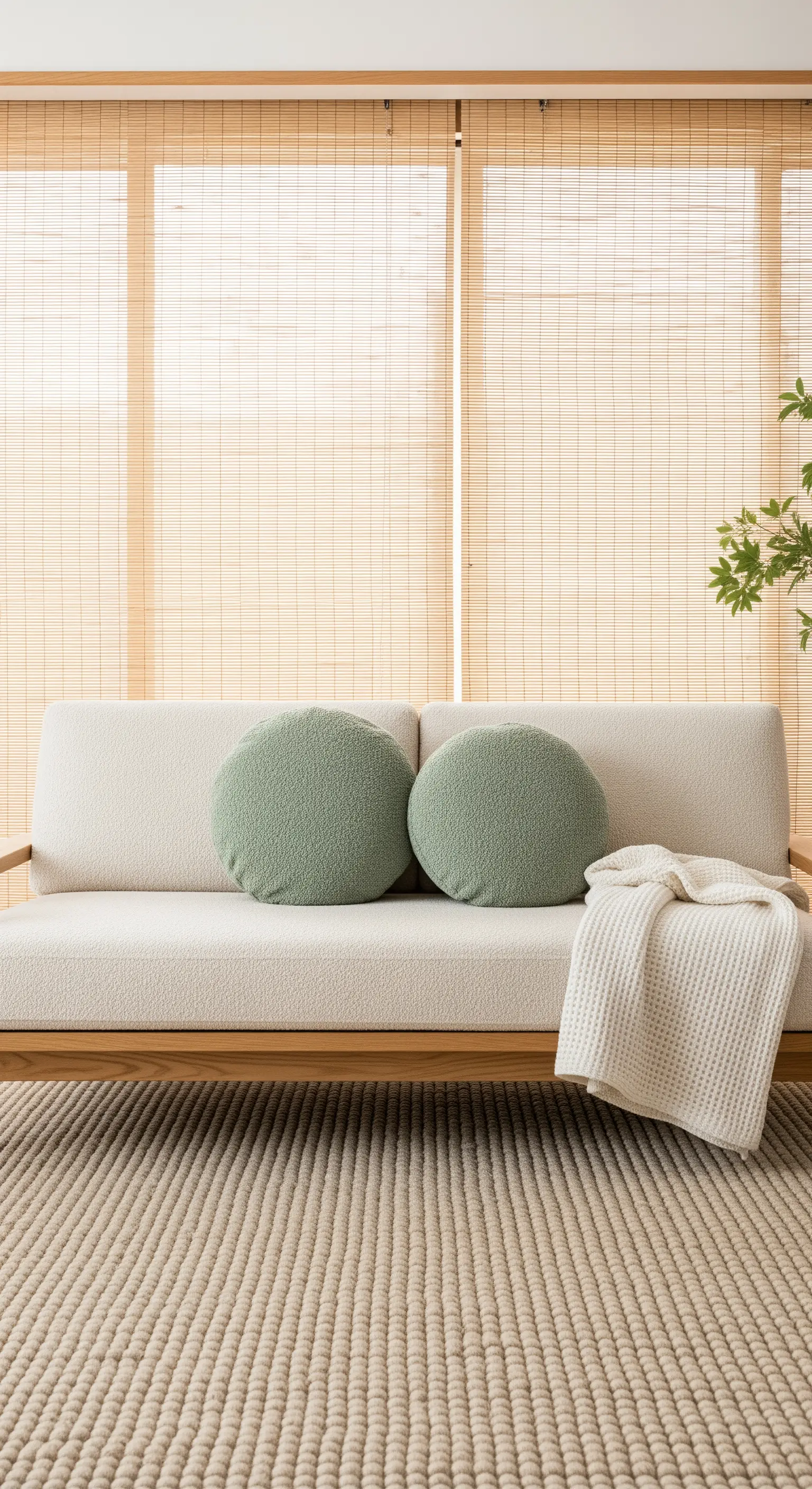 Divano minimalista color crema con due cuscini rotondi verdi su un tappeto a trama fitta.