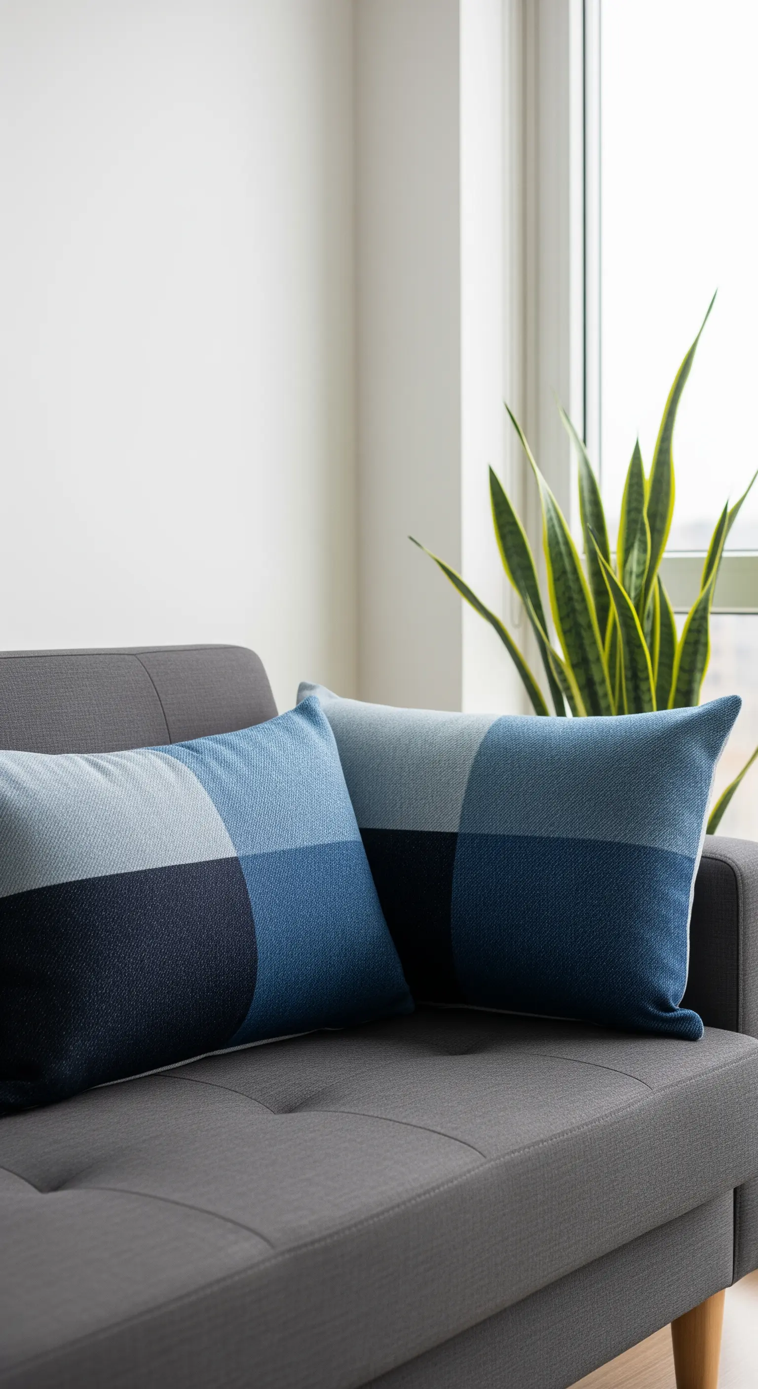 Due cuscini rettangolari in denim con design color block su un divano grigio.