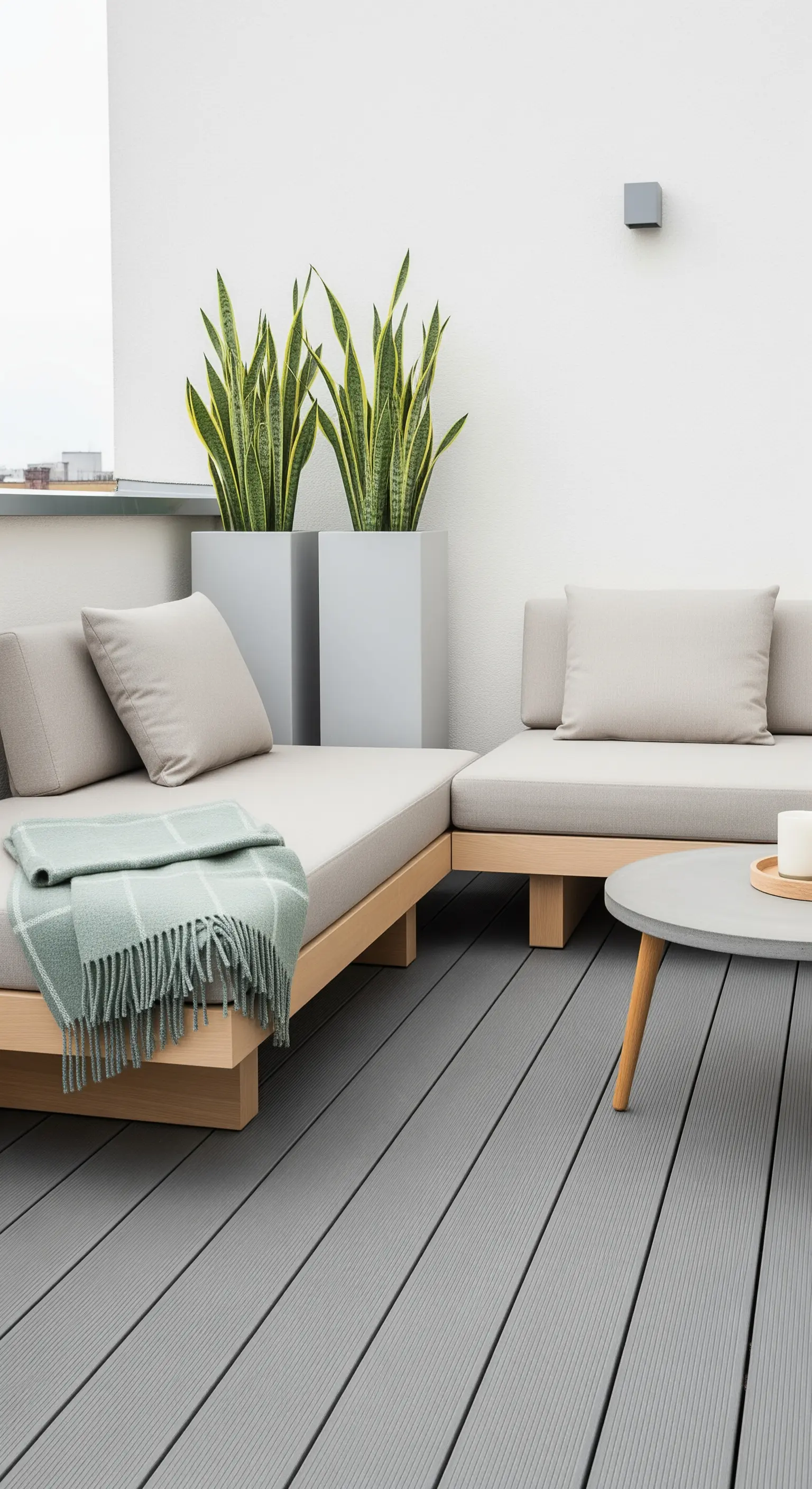 Terrazza moderna con pavimento grigio, divanetti in legno chiaro e cuscini beige