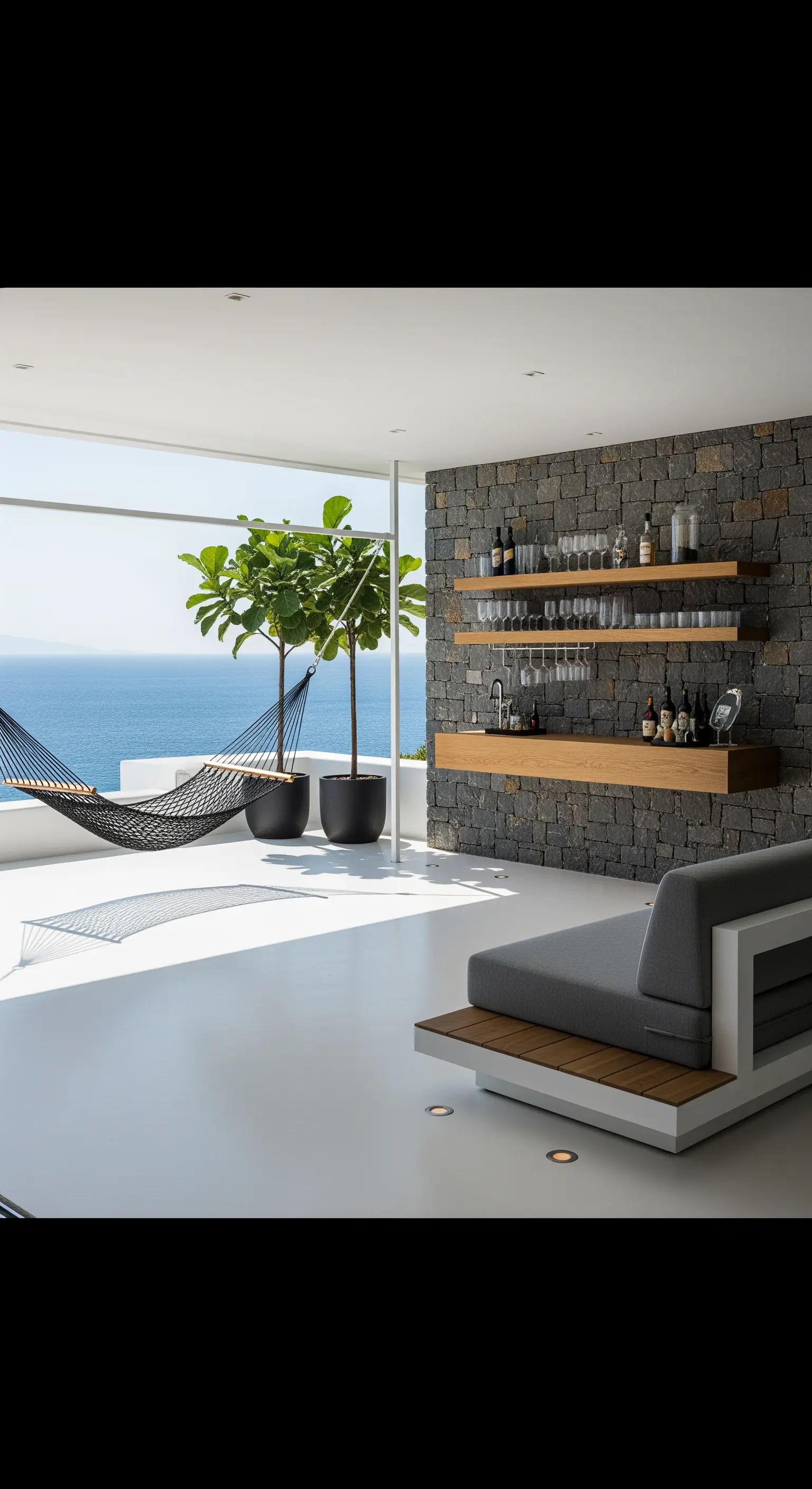 Patio minimalista con parete in pietra, amaca nera, divano grigio e vista sul mare.
