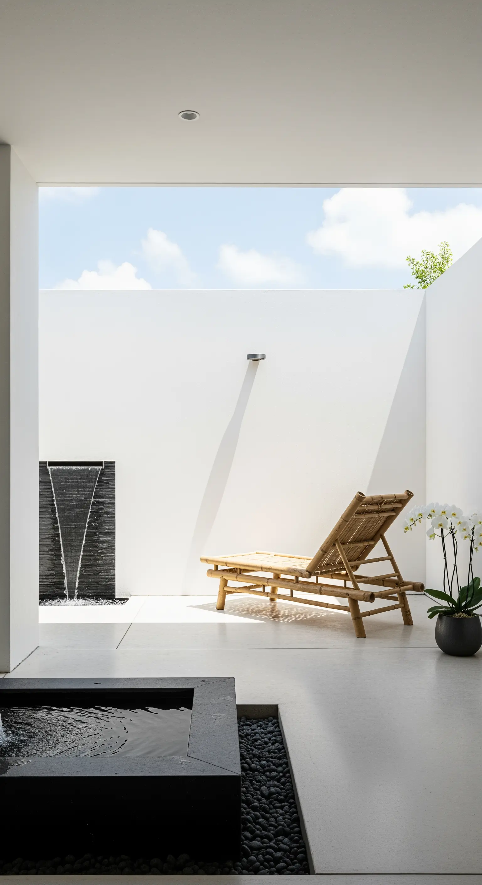 Cortile minimalista bianco con lettino in bambù e cascata in pietra scura.