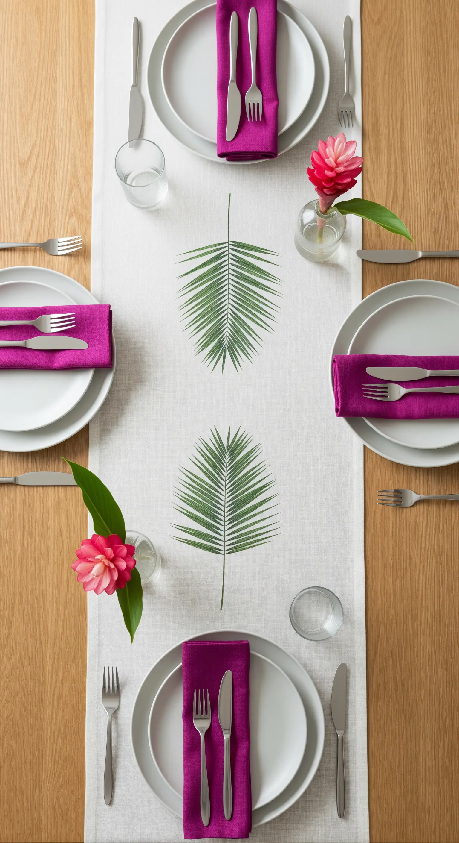 Tavola minimalista con runner bianco a foglia di palma e tovaglioli magenta.