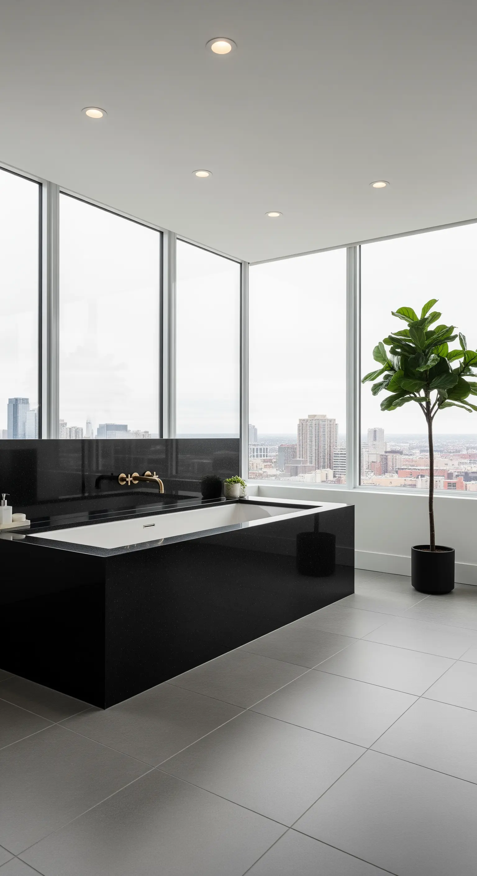 Vasca monolitica nera in un bagno moderno con ampie vetrate affacciate sulla città.