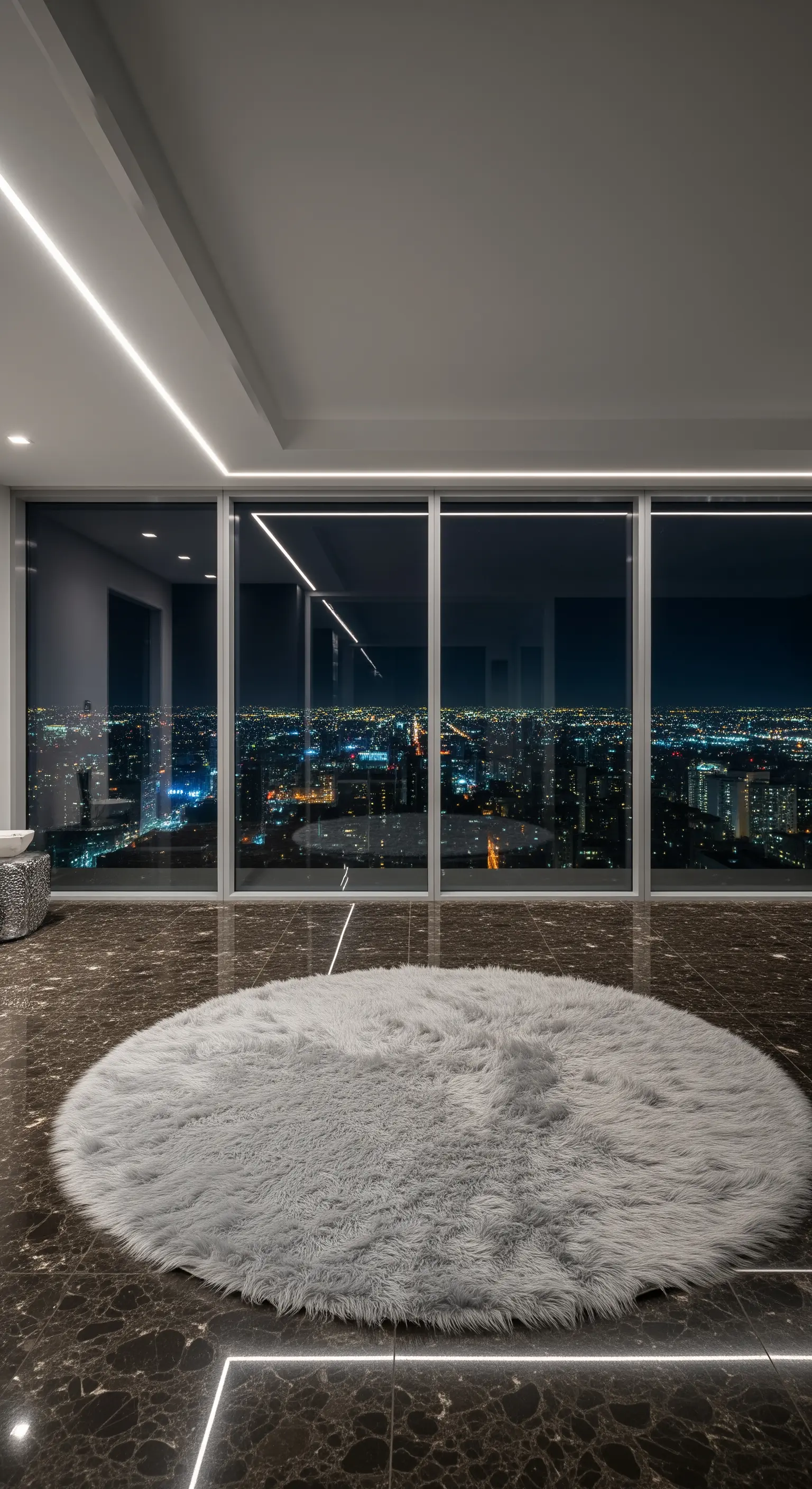 Stanza moderna con vista sulla città, pavimento in marmo e tappeto rotondo grigio.