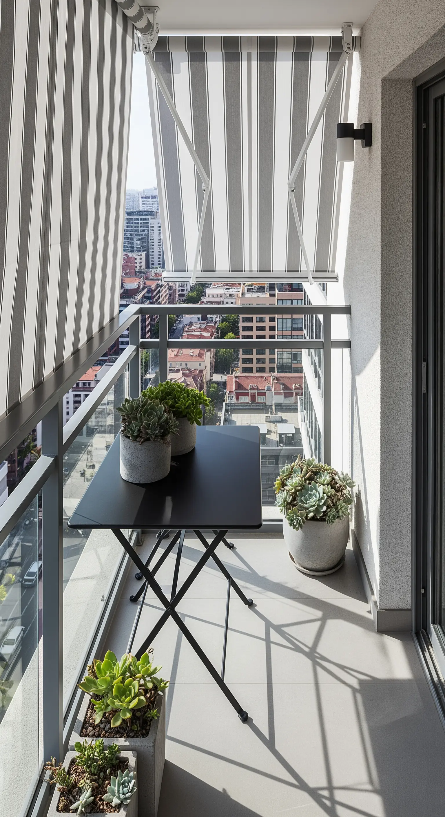 Balcone moderno con tenda a righe grigie, tavolino nero e piante grasse in vasi di cemento.