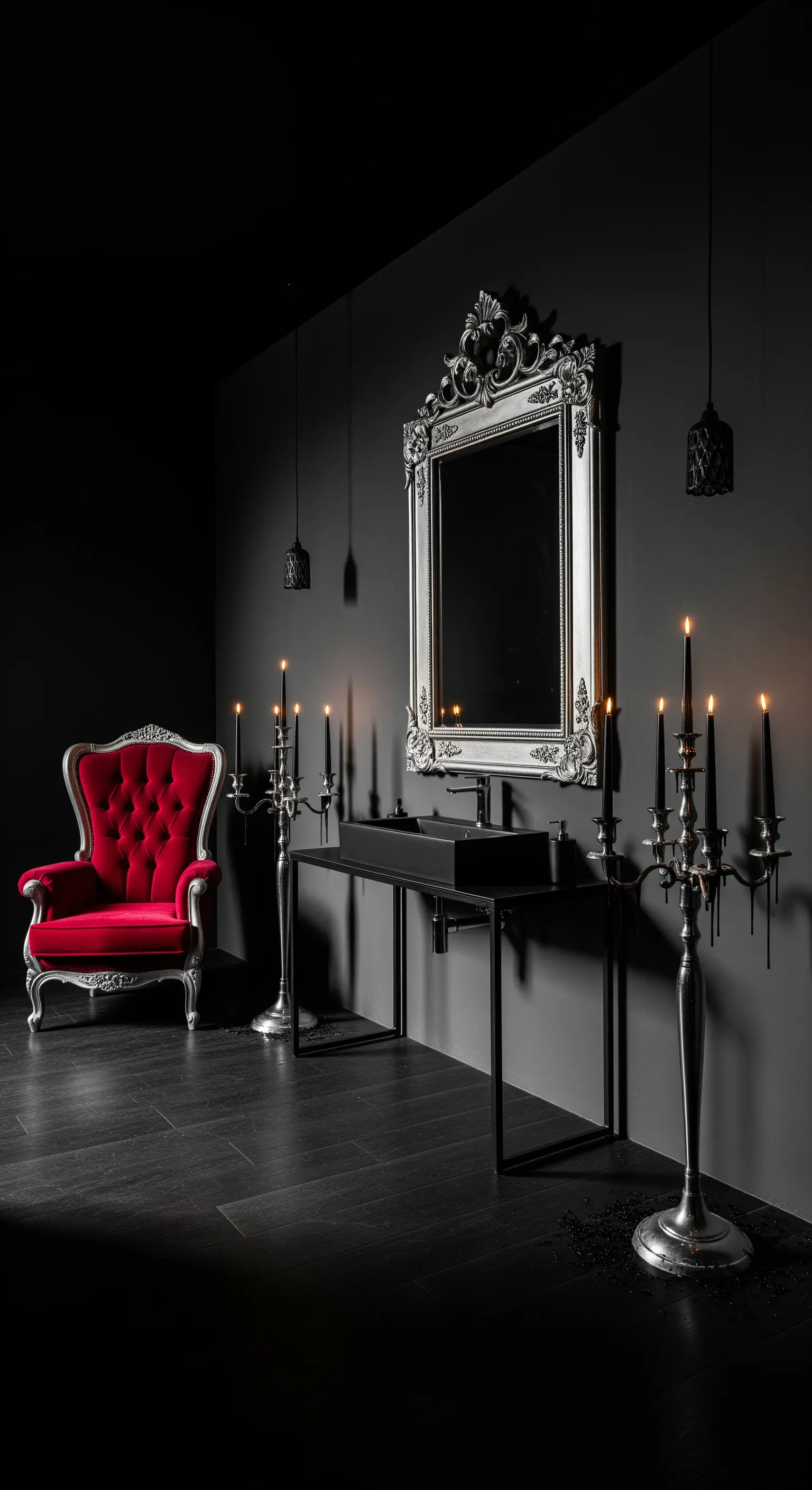 Stanza da bagno nera con poltrona barocca rossa, specchio argentato e candelabri