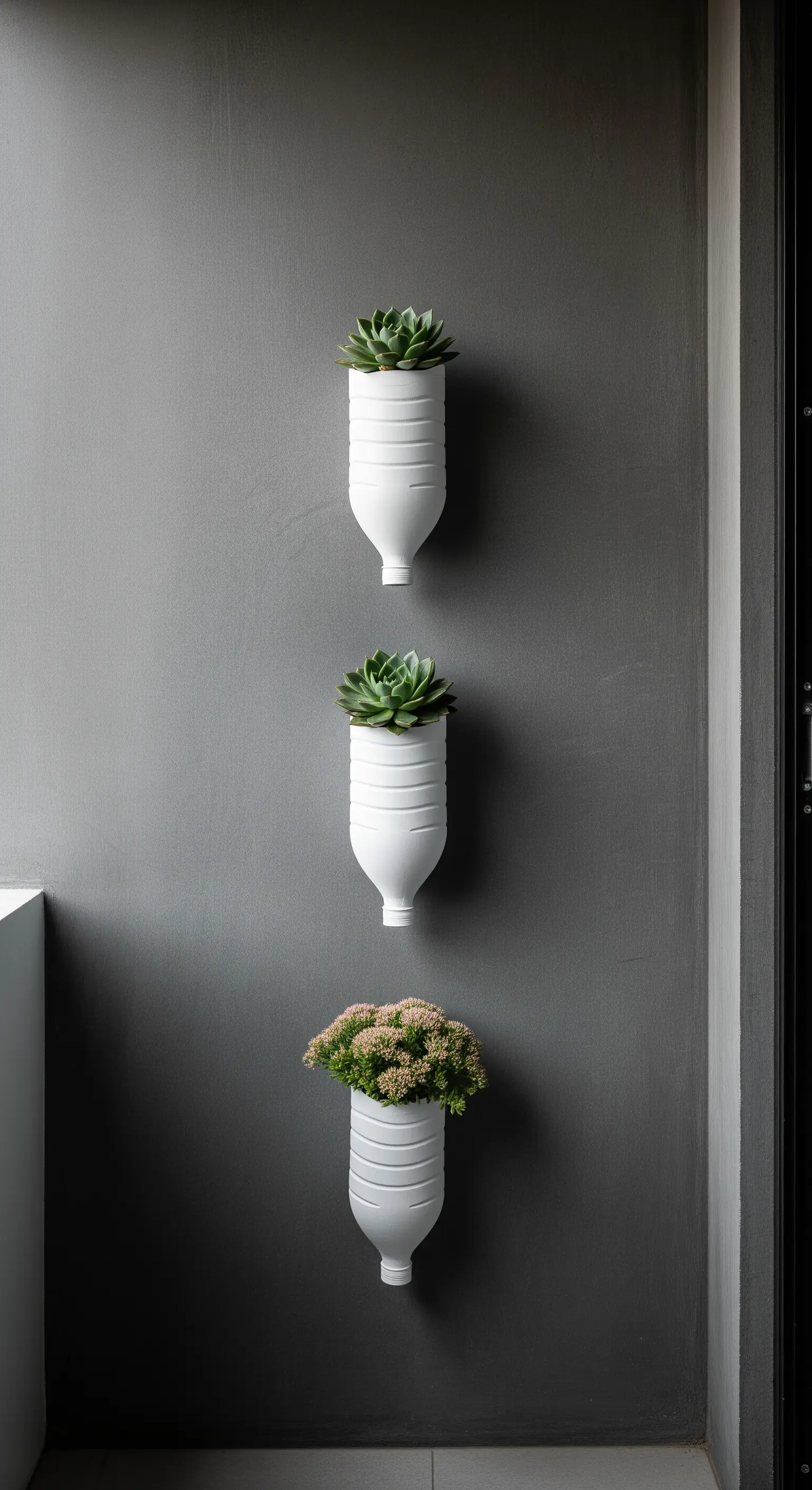 Tre fioriere bianche ricavate da bottiglie di plastica, montate verticalmente su una parete grigia.