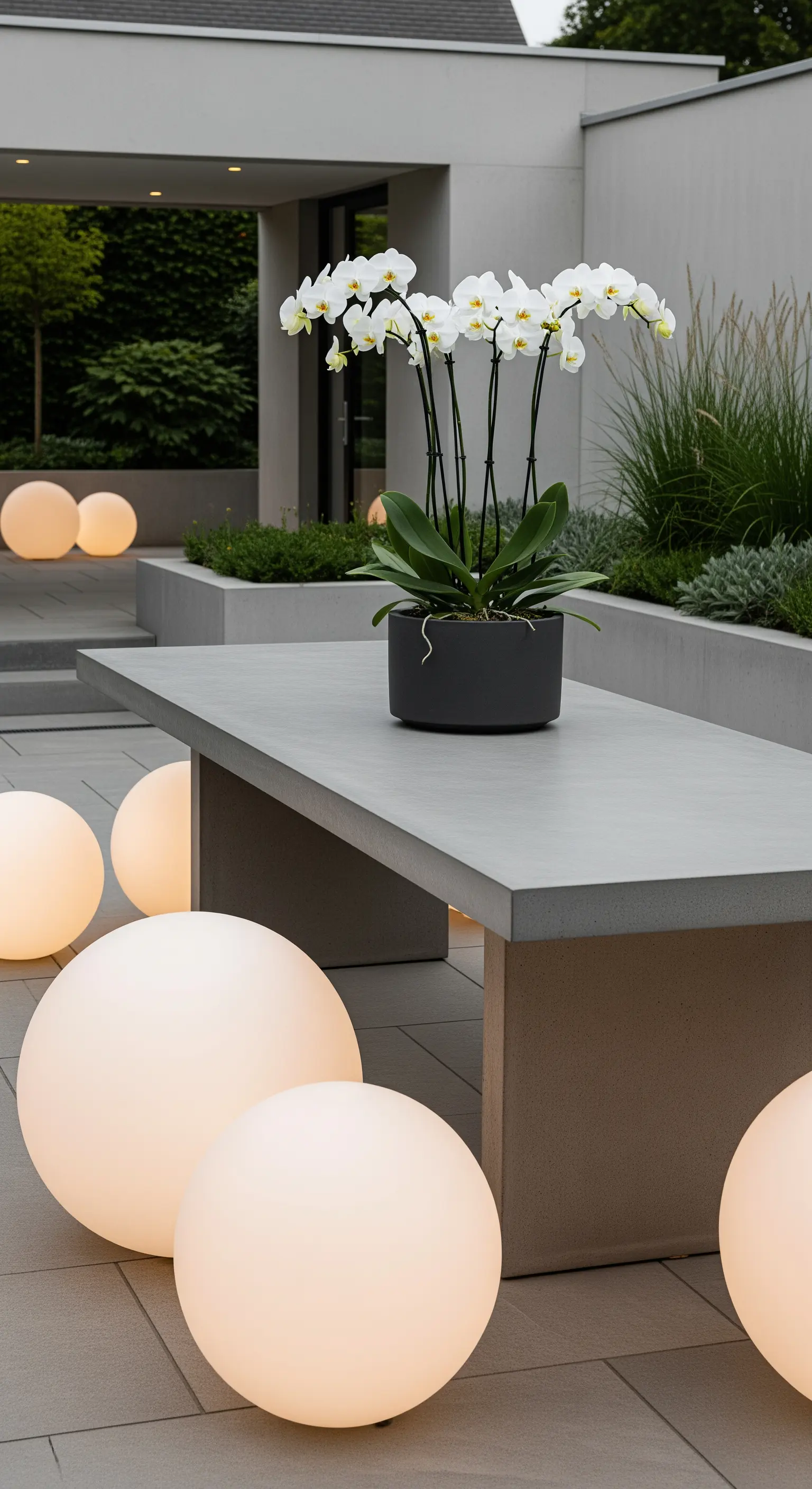 Giardino moderno con tavolo in cemento, sfere luminose e un'orchidea bianca come centrotavola.