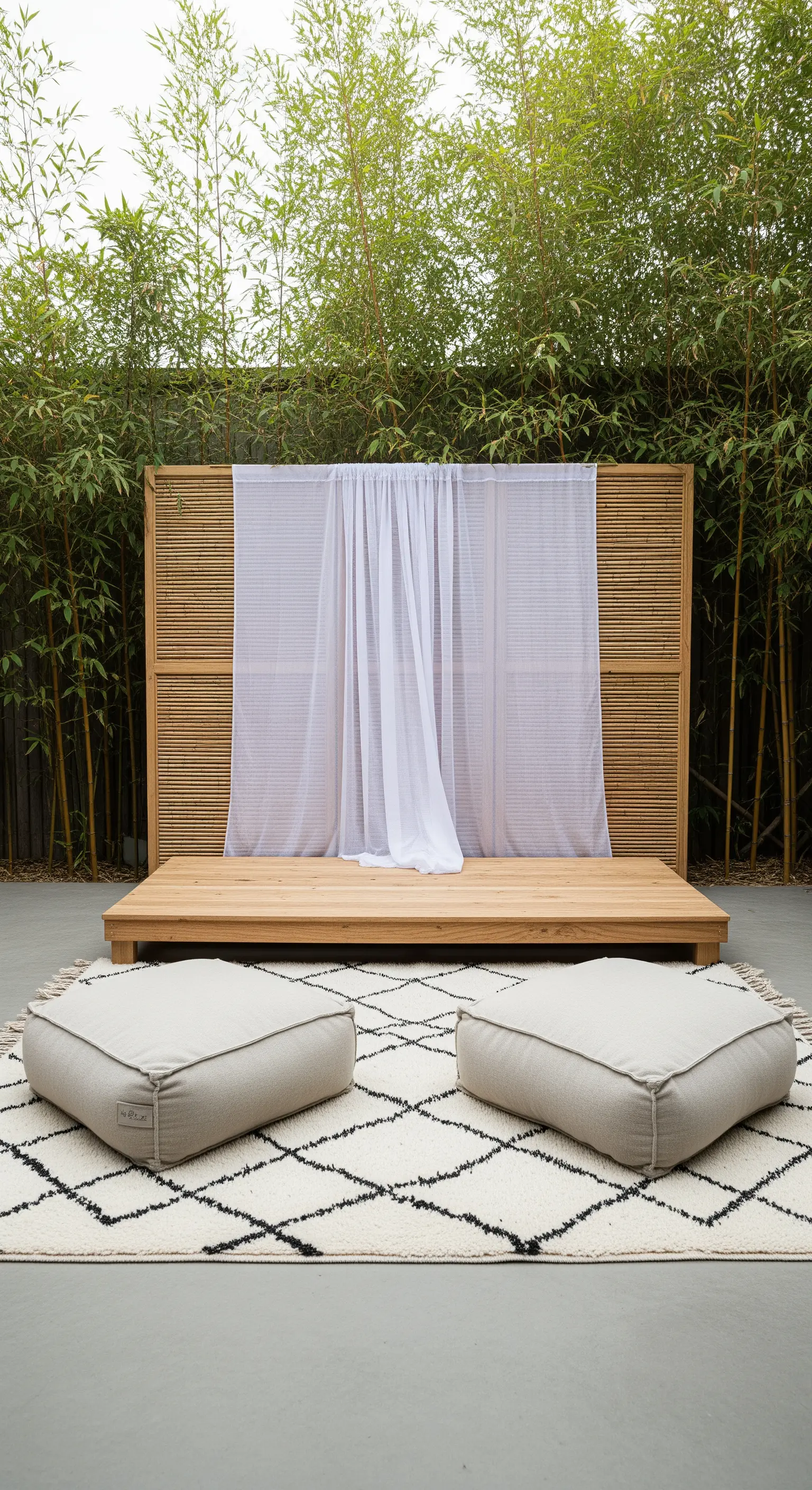 Allestimento minimalista con pannello in legno, tenda trasparente e cuscini da terra.