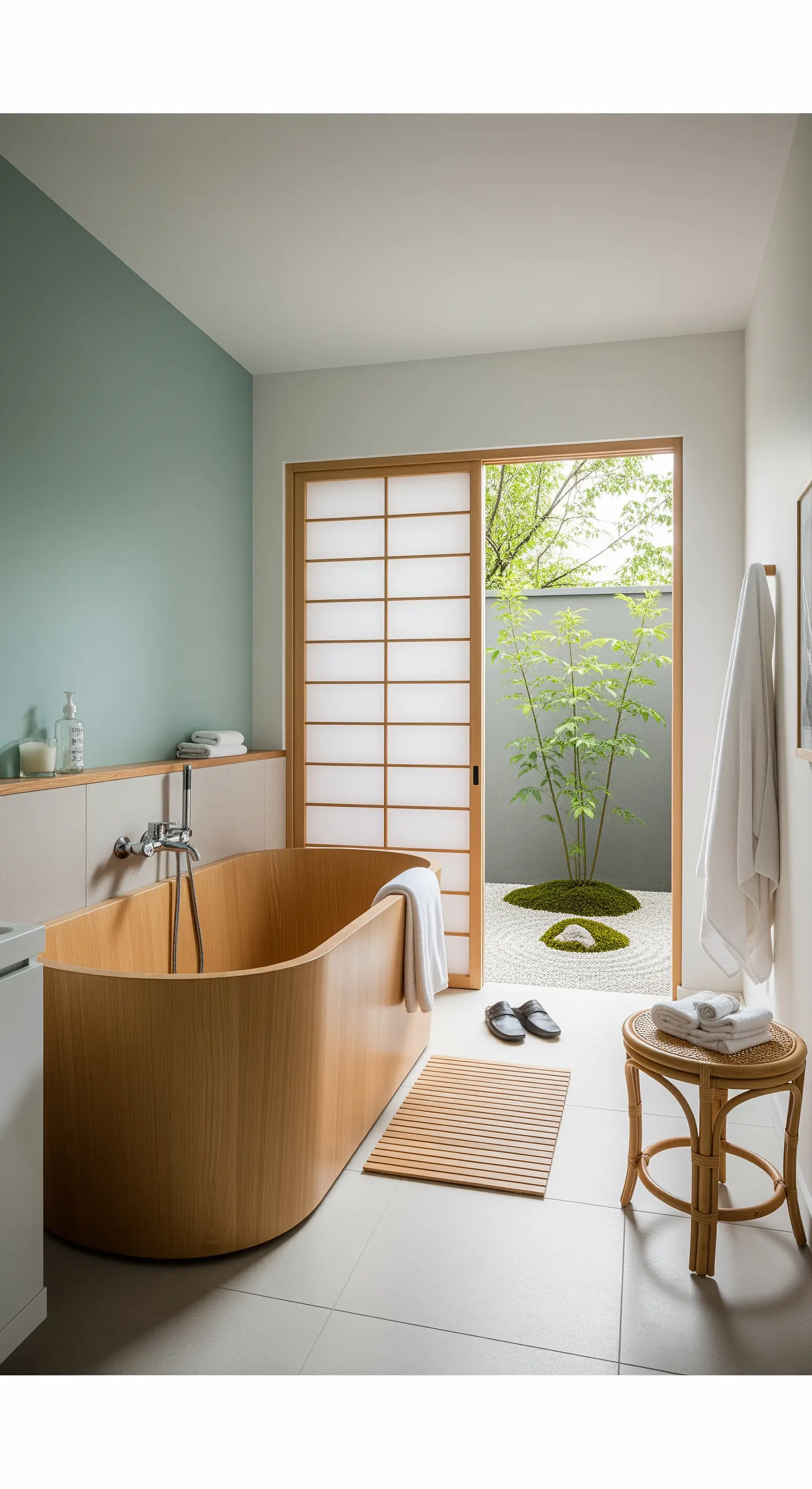 Vasca in legno chiaro, porta shōji e vista su un piccolo giardino zen.