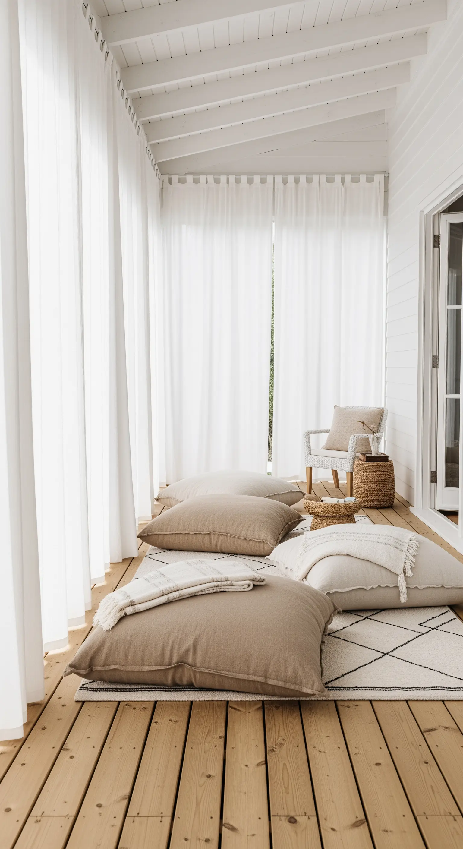 Veranda minimalista con cuscini da pavimento, tappeto berbero e tende bianche a tutta altezza.