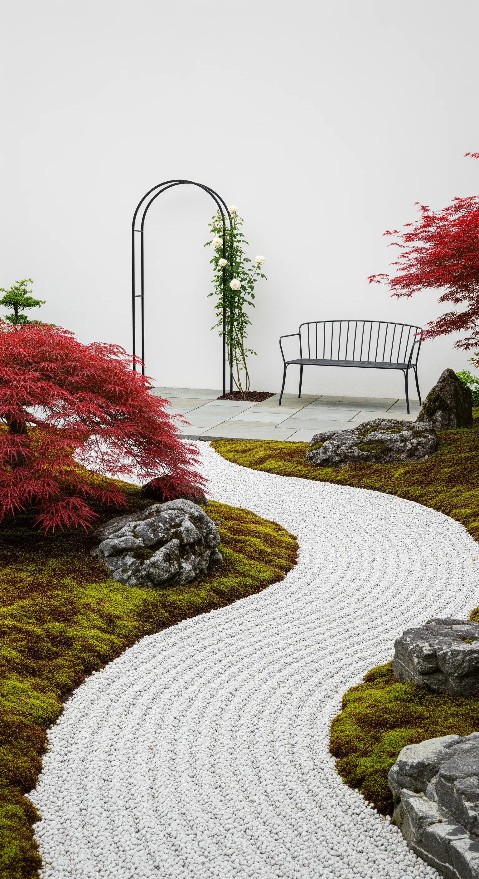 Giardino in stile Zen con sentiero di ghiaia rastrellata, aceri rossi e un semplice arco nero.