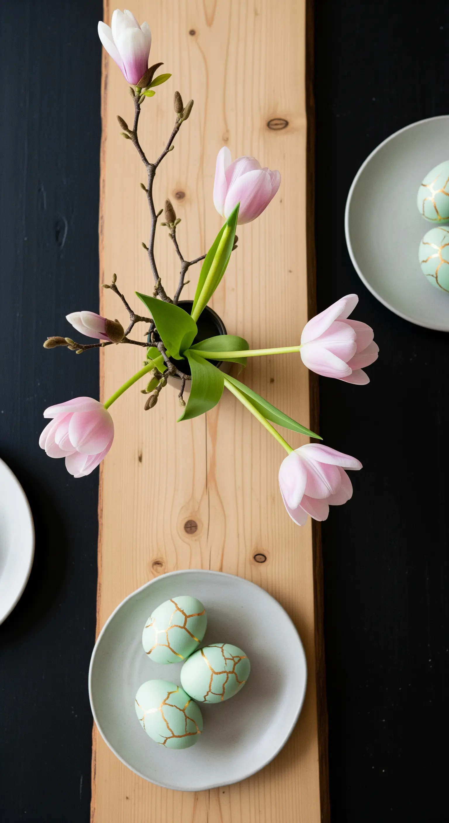 Composizione minimalista per Pasqua con asse di legno, tulipani rosa e uova color menta.