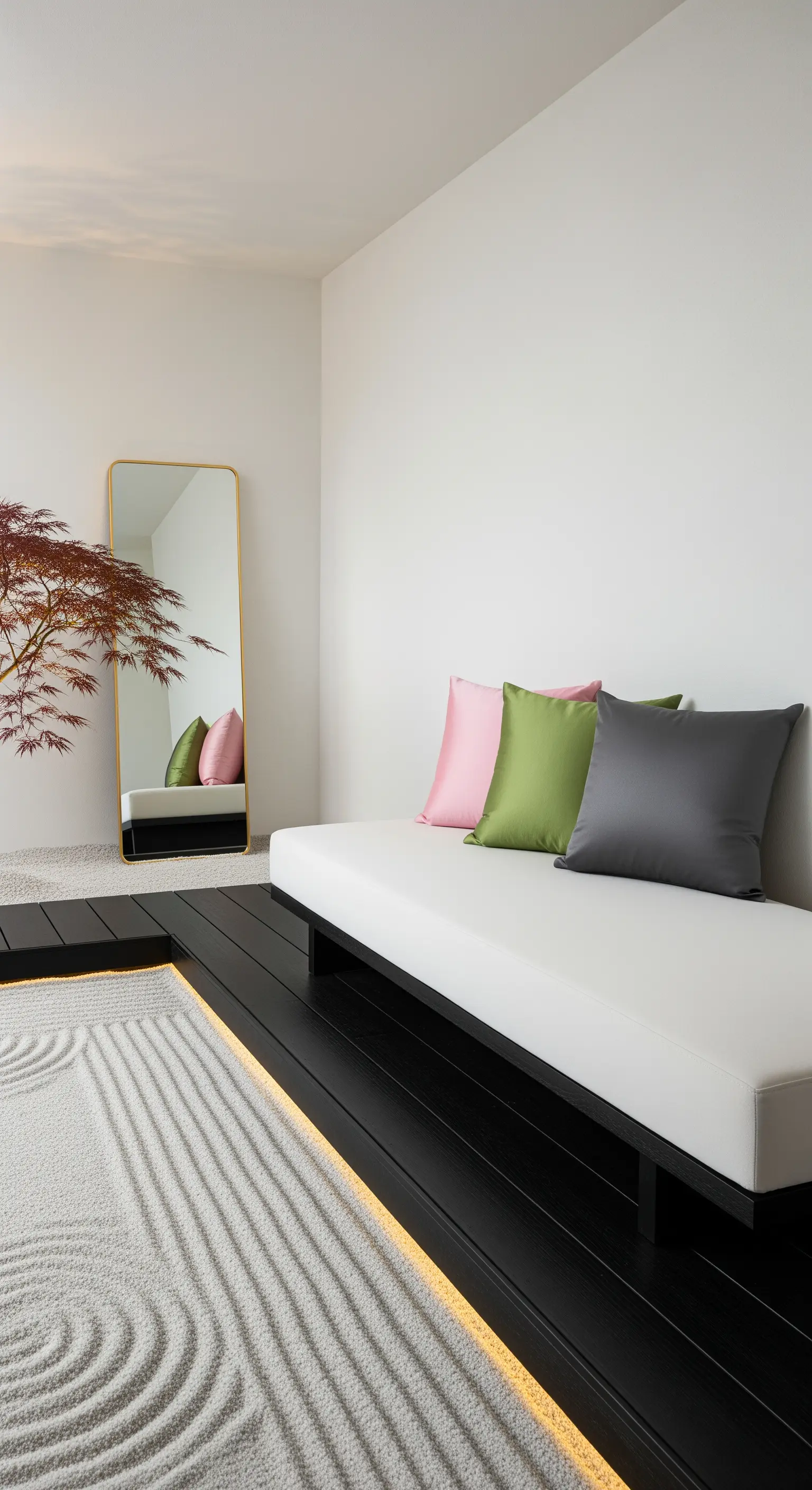 Spazio minimalista con giardino zen, divano bianco basso e specchio a figura intera dorato.