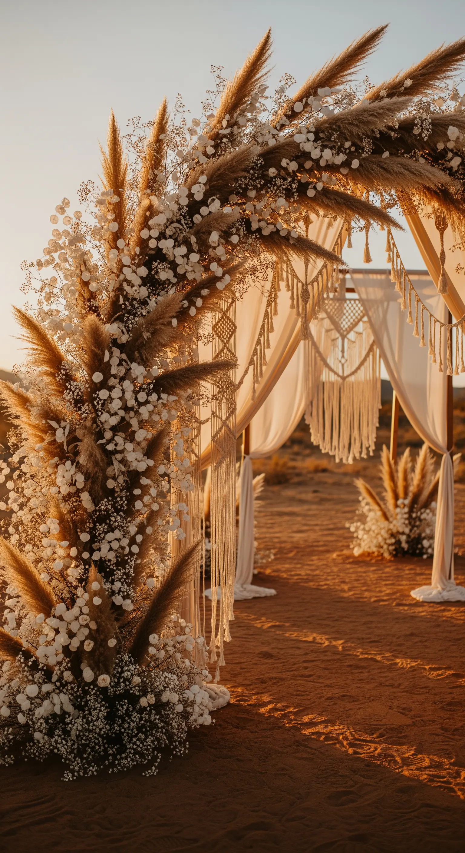Arco nuziale boho-chic nel deserto con pampas, fiori secchi, drappi e decorazioni in macramè.