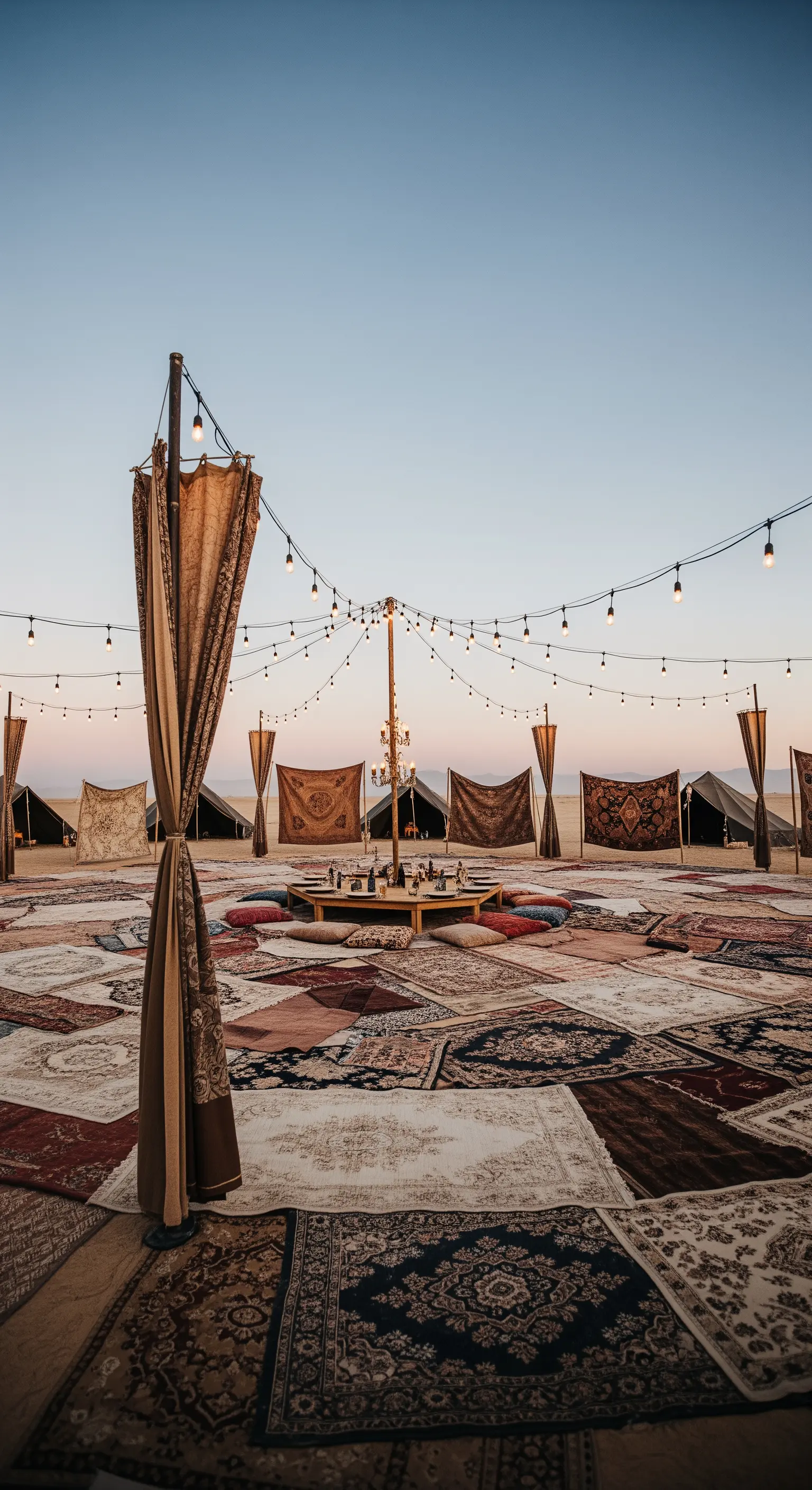 Vasta area nel deserto coperta da tappeti persiani sovrapposti, con luci e tende.