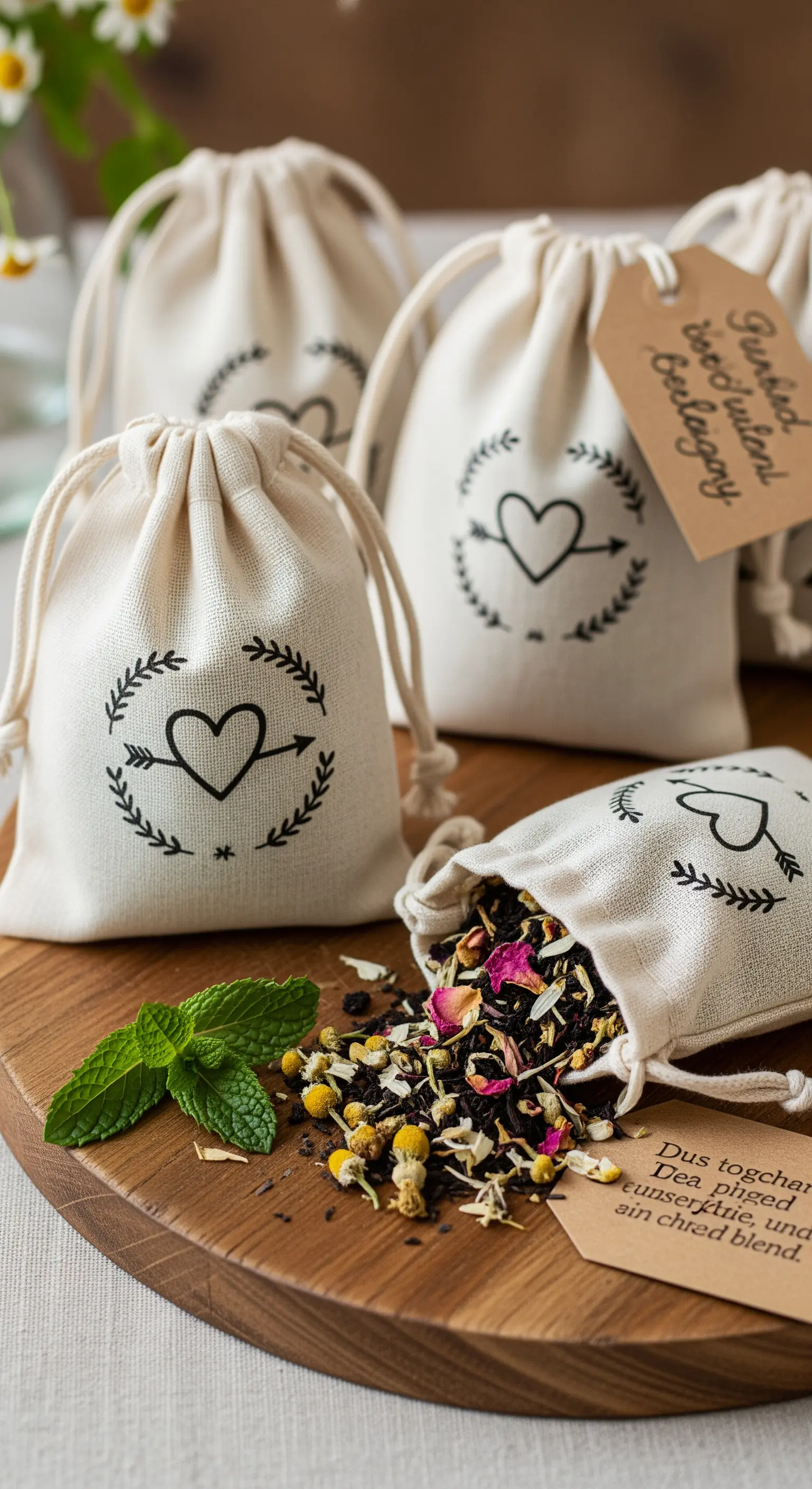 Sacchetti di cotone con un cuore stampato, pieni di una miscela di erbe per tisane.