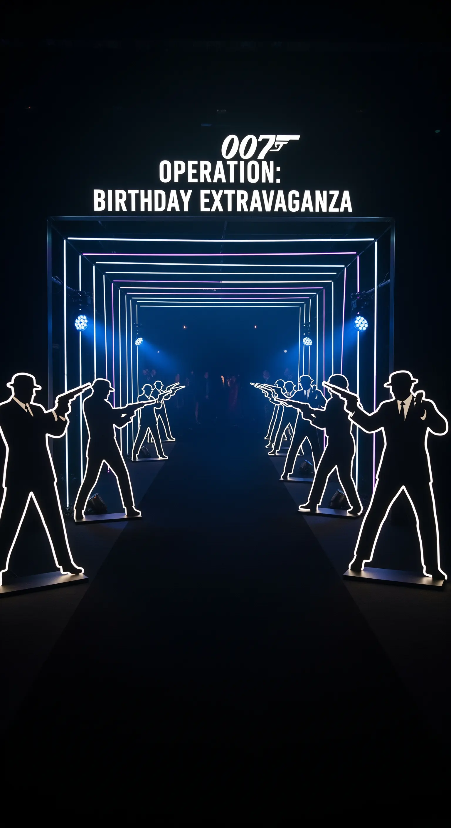 Ingresso a tema James Bond 007 con tunnel di luci e sagome di agenti segreti.