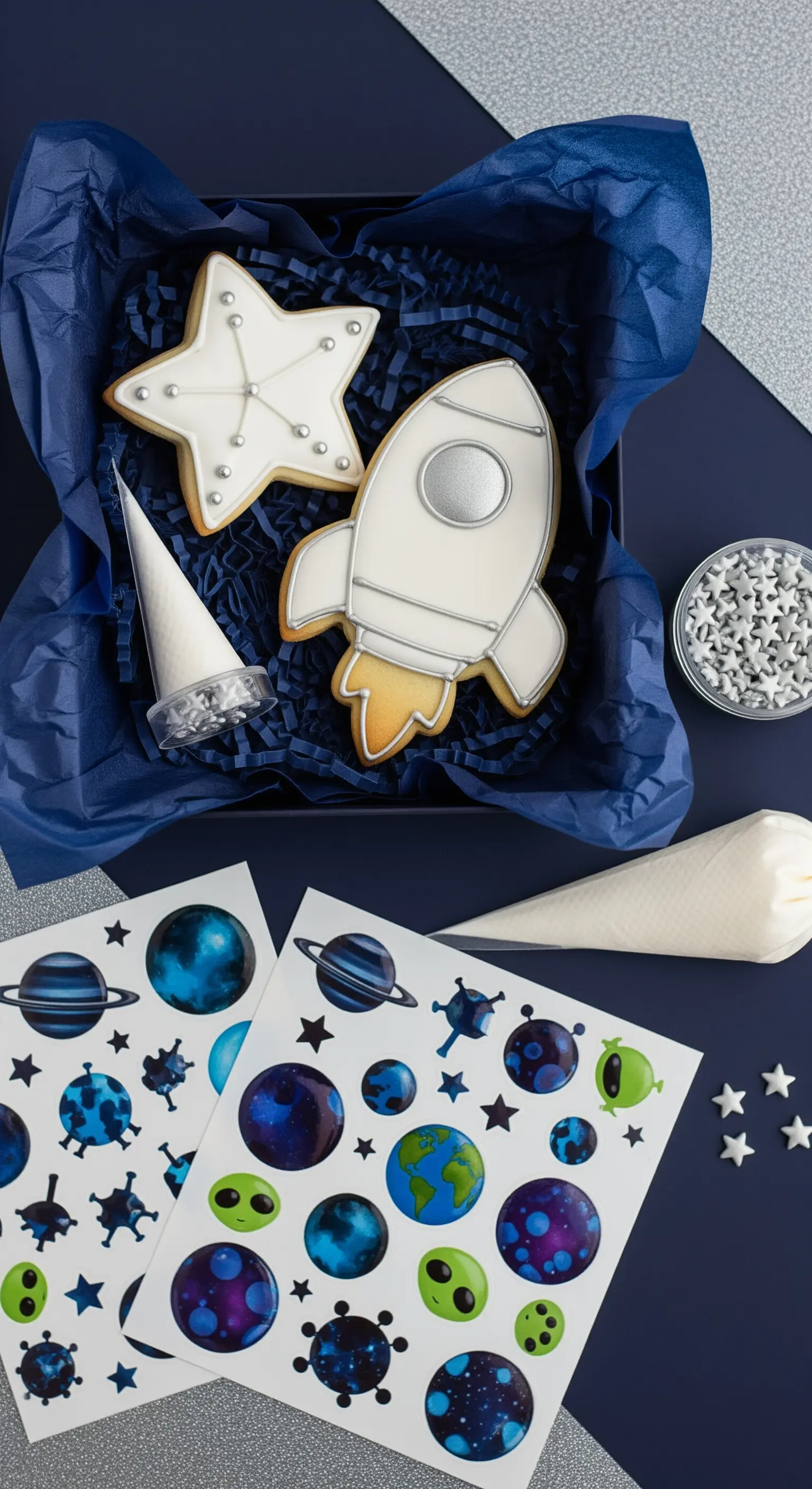 Kit per decorare biscotti a tema spaziale con glassa e zuccherini.