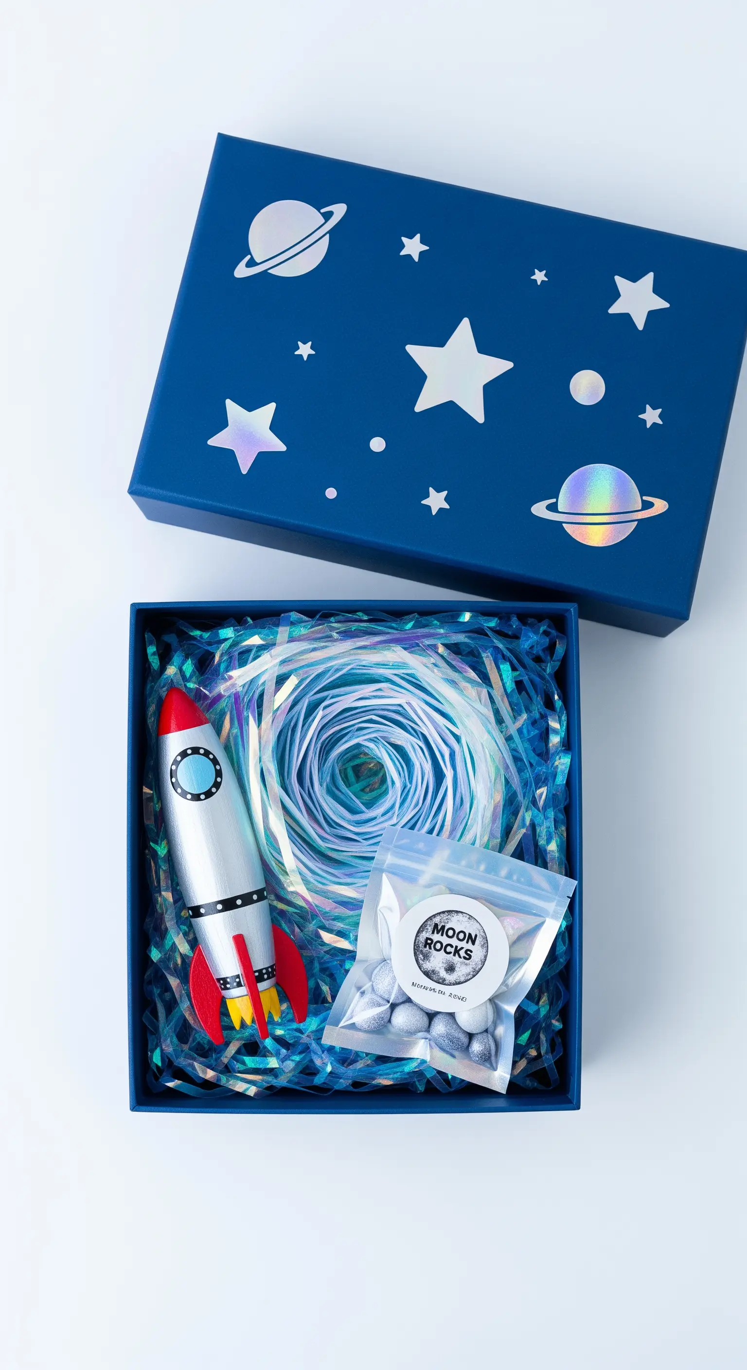 Scatola regalo blu a tema spazio con un razzo giocattolo e dolcetti argentati all'interno.