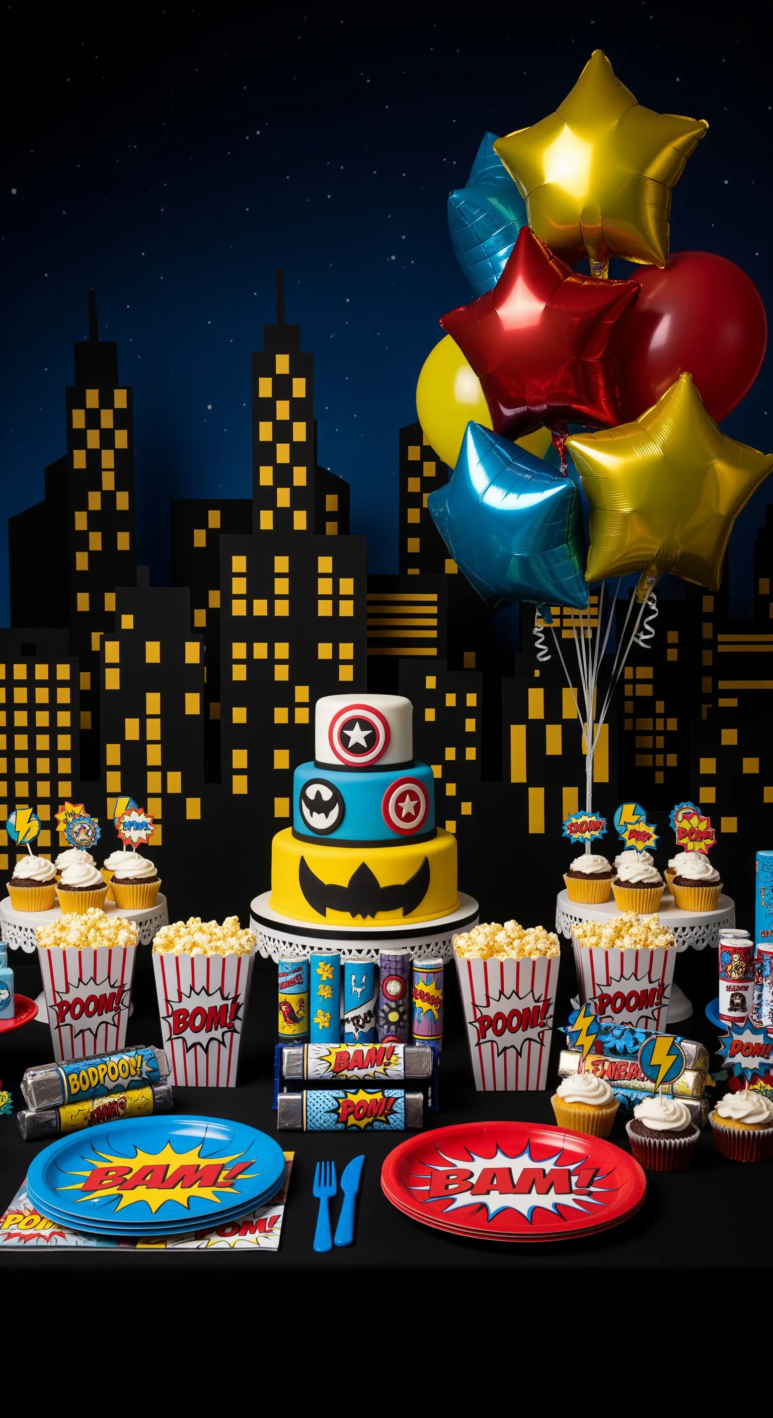 Festa a tema supereroi con skyline di città, torta a piani e decorazioni da fumetto.