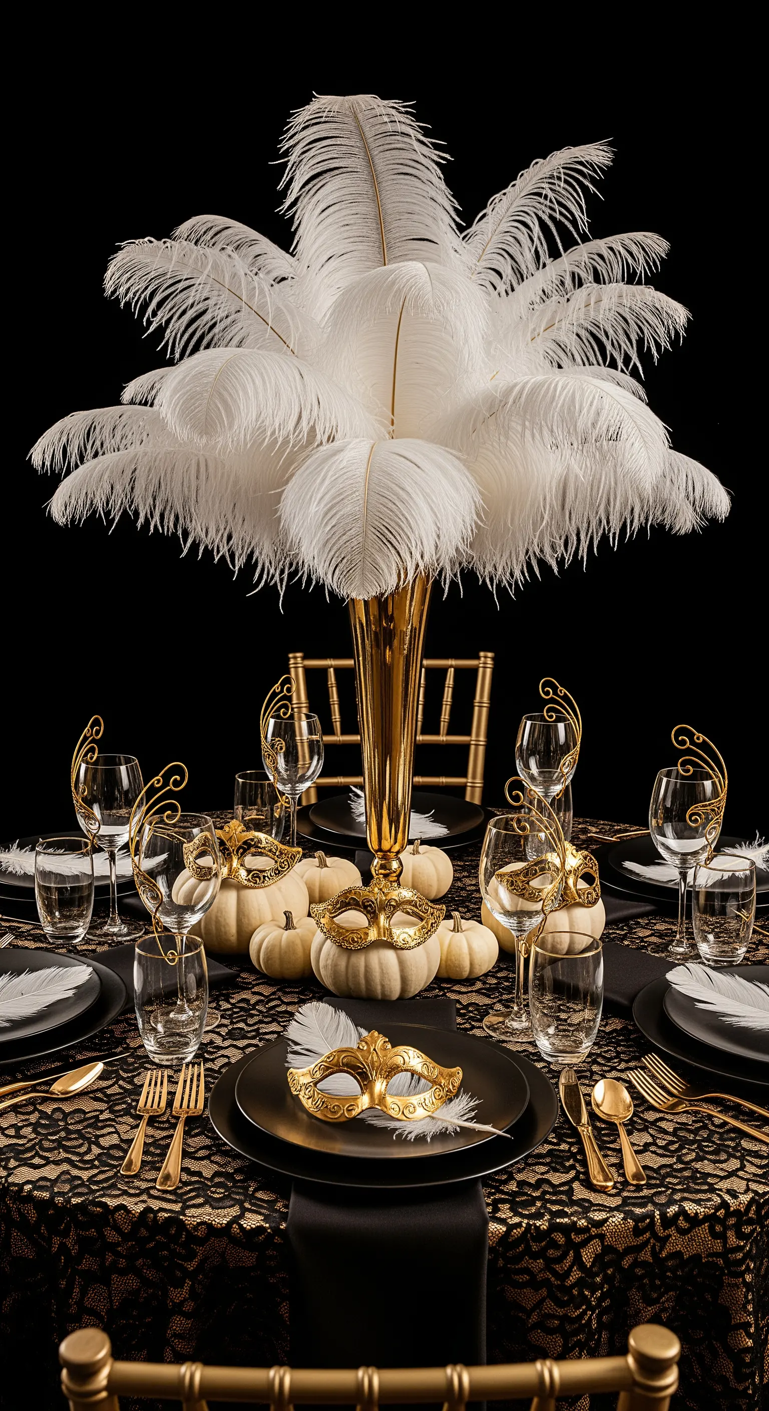 Tavola a tema ballo in maschera con centrotavola di piume bianche e maschere dorate.