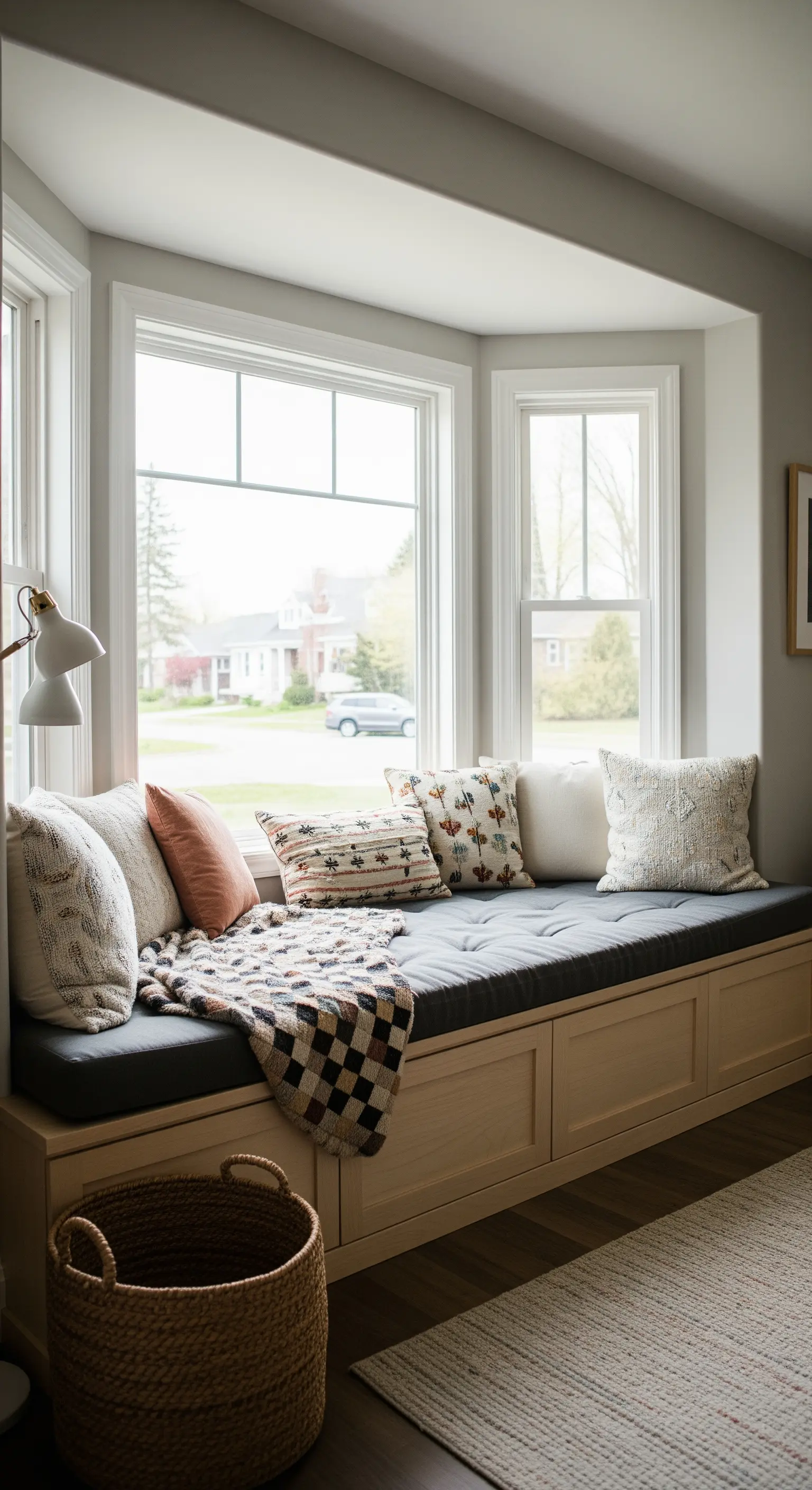 Panca-finestra con materasso scuro e un mix di cuscini con pattern diversi in tonalità calde.