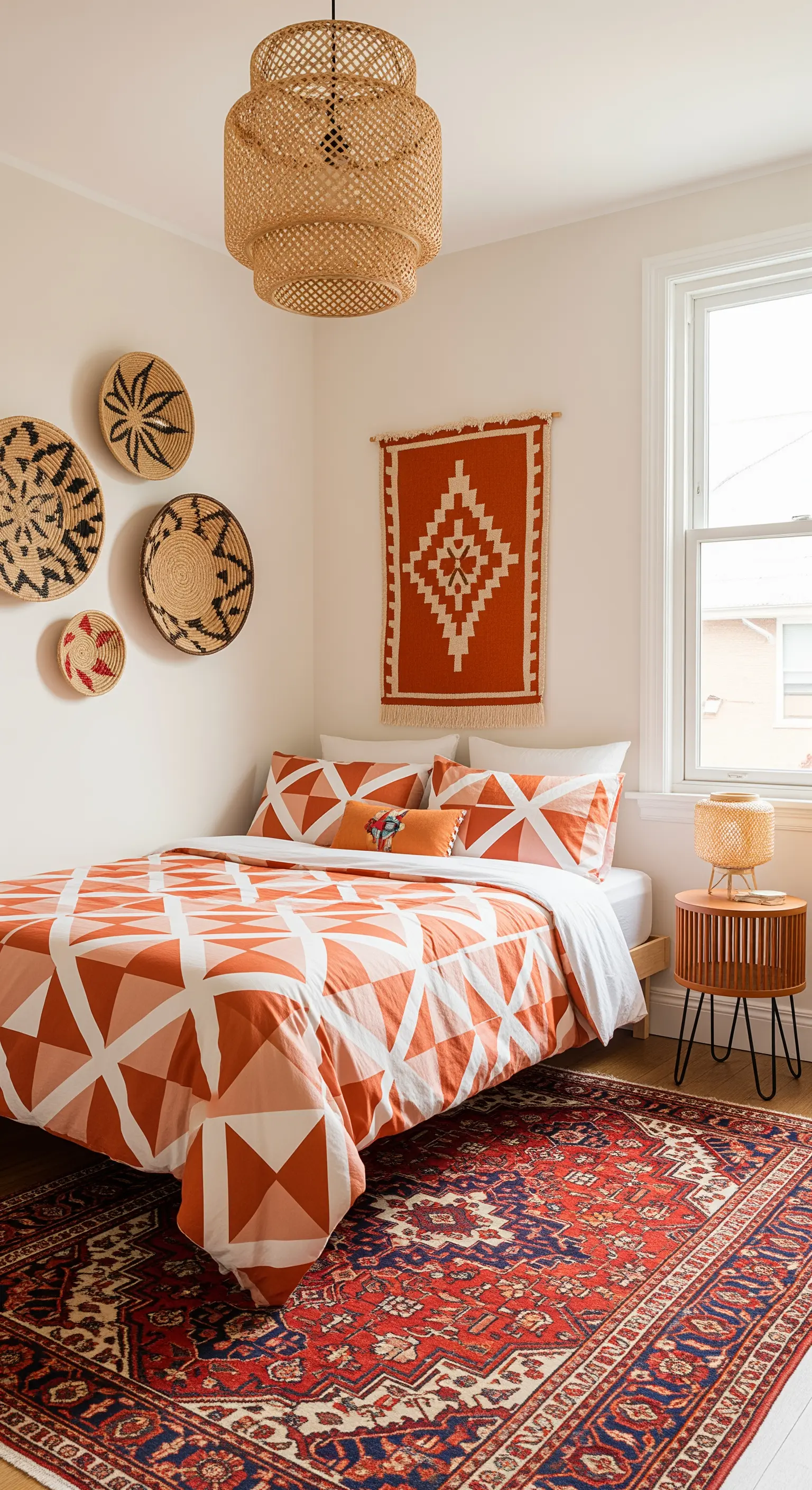 Camera da letto con copripiumino a motivi geometrici, tappeto persiano e cesti intrecciati a parete.