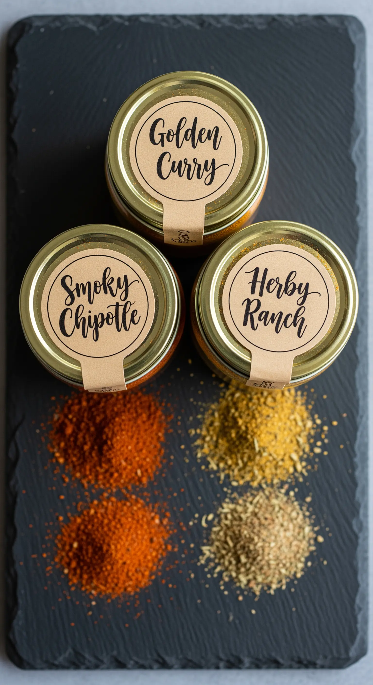 Tre barattolini di vetro con mix di spezie fatti in casa ed etichette con scritte calligrafiche.